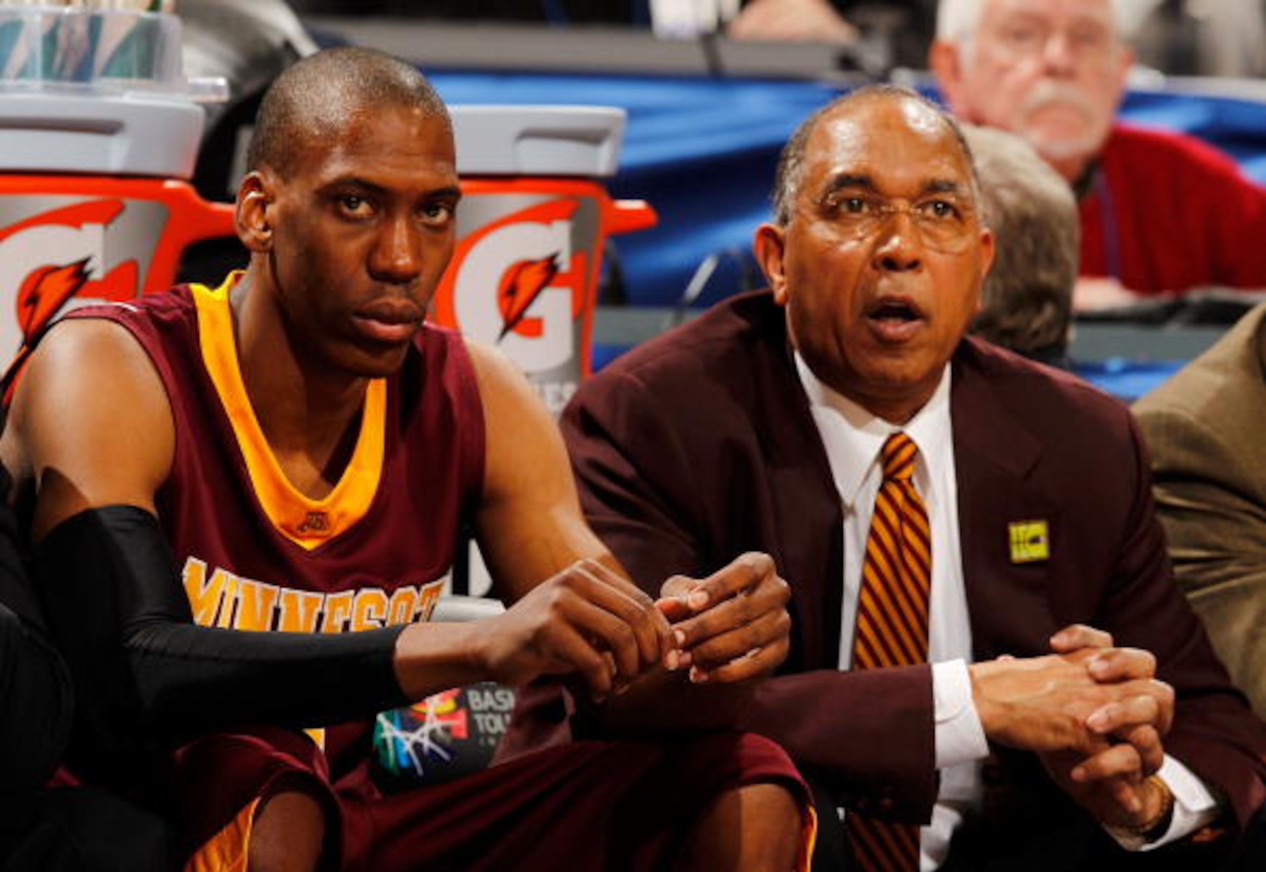 INDIANAPOLIS - MARCH 14:  Center Paul Carter #1  and head coach Tubby Smith of the Minnesota Golden Gophers react in the final moments of the championship game in the Big Ten Men's Basketball Tournament at Conseco Fieldhouse on March 14, 2010 in Indianapo