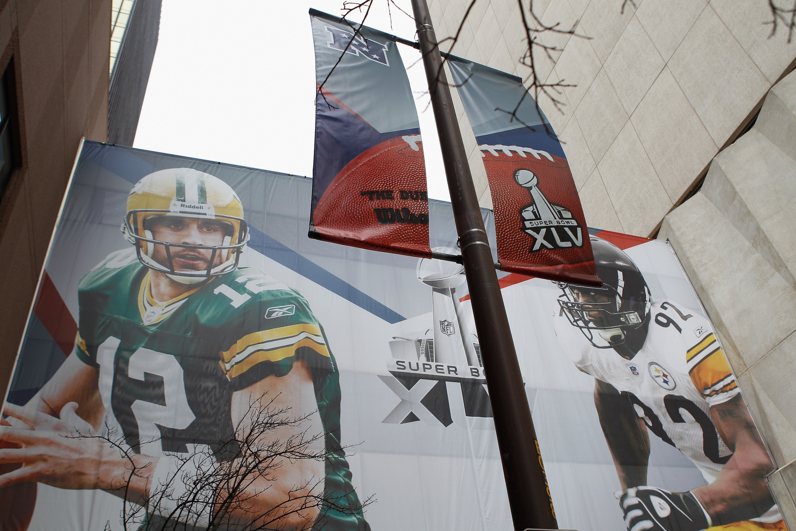 DALLAS, TX - FEBRUARY 02:  A Super Bowl XLV banner is displayed downtown on February 2, 2011 in Dallas, Texas. The Green Bay Packers will play the Pittsburgh Steelers in Super Bowl XLV on February 6, 2011 at Cowboys Stadium in Arlington, Texas.  (Photo by