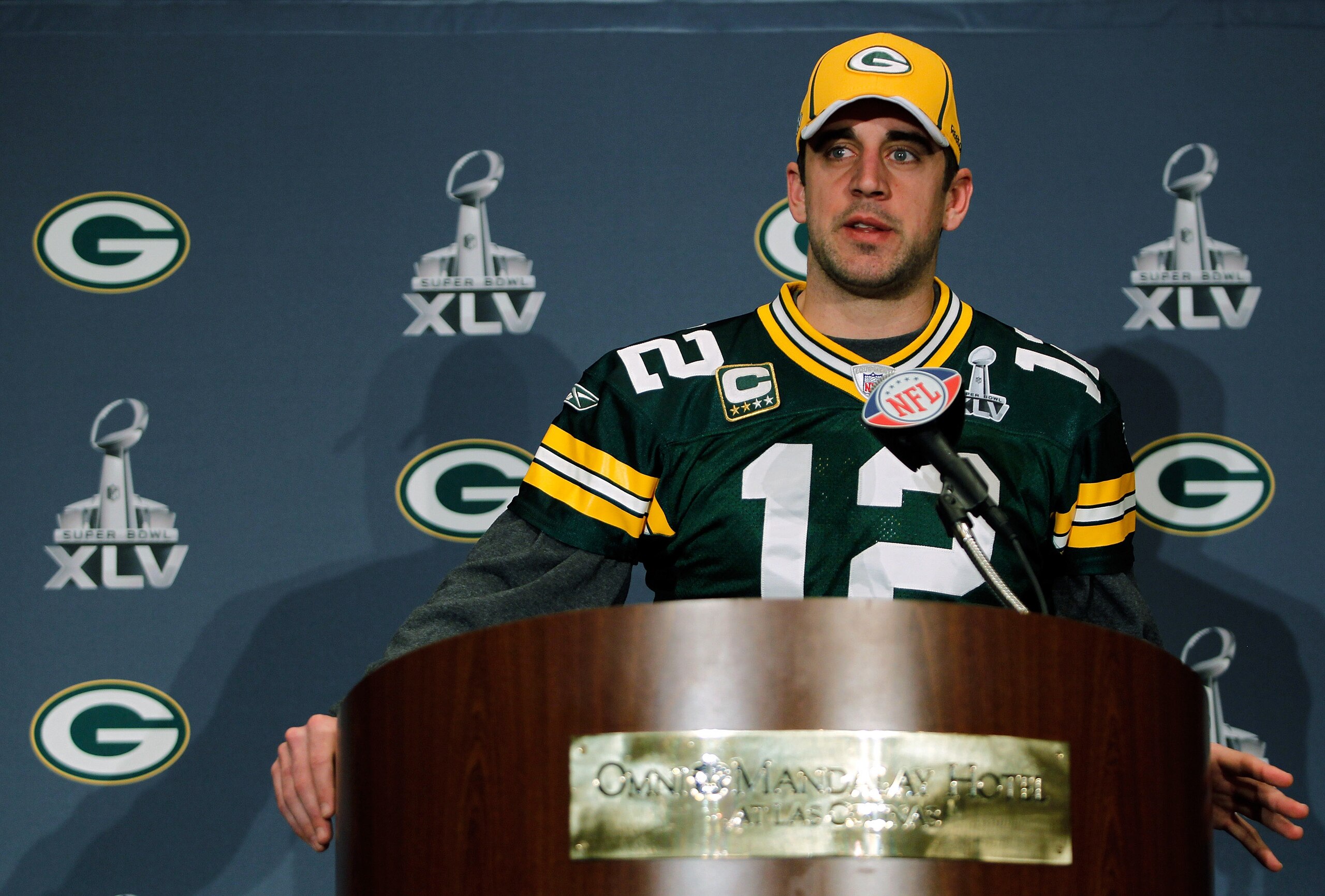 IRVING, TX - FEBRUARY 02:  Quarterback Aaron Rodgers #12 of the Green Bay Packers talks to the media on February 2, 2011 in Irving, Texas. The Green Bay Packers will play the Pittsburgh Steelers in Super Bowl XLV on February 6, 2011 at Cowboys Stadium in