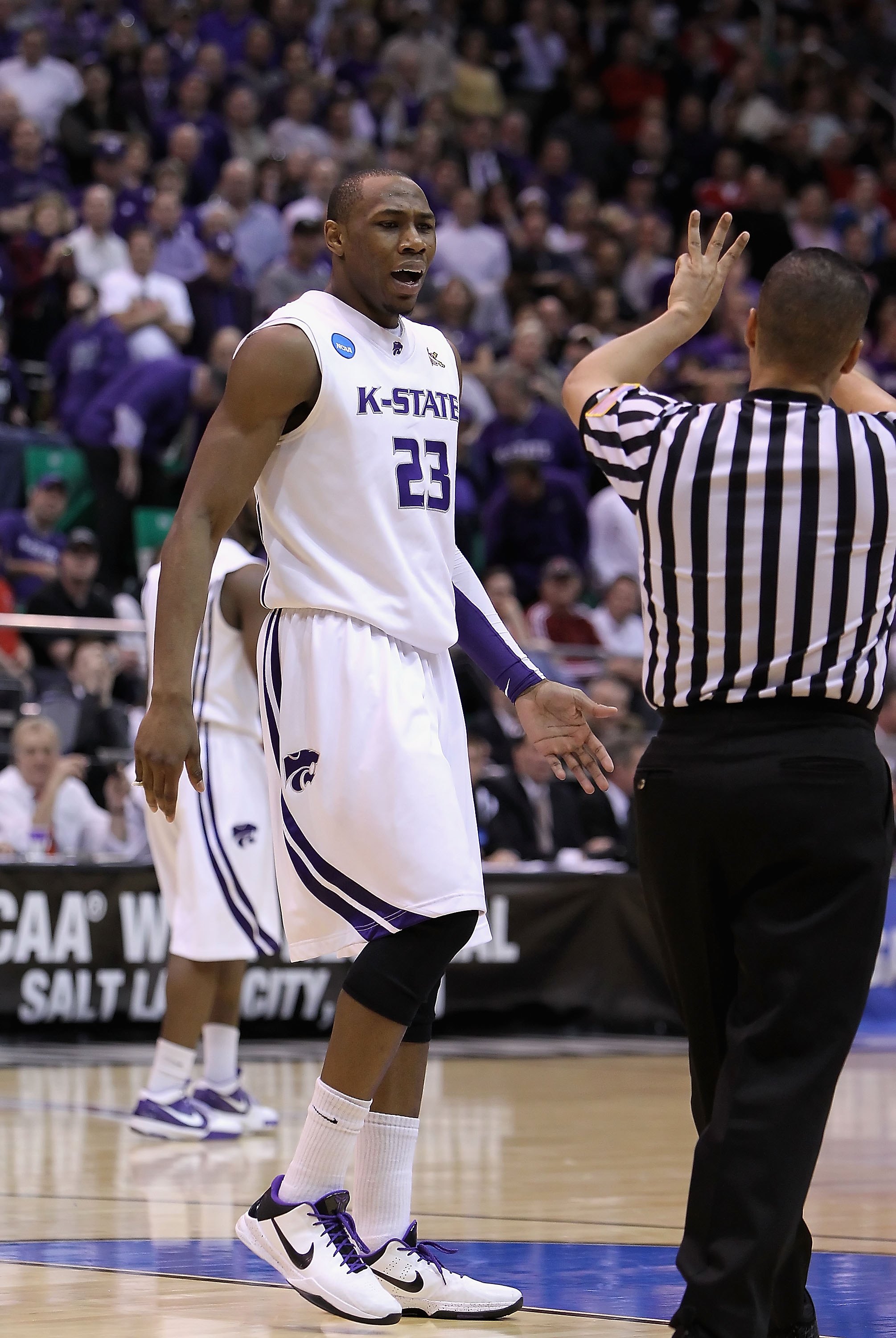 SALT LAKE CITY - MARCH 27:  Dominique Sutton #23 of the Kansas State Wildcats reacts during the west regional final of the 2010 NCAA men's basketball tournament against the Butler Bulldogs at the Energy Solutions Arena on March 27, 2010 in Salt Lake City,