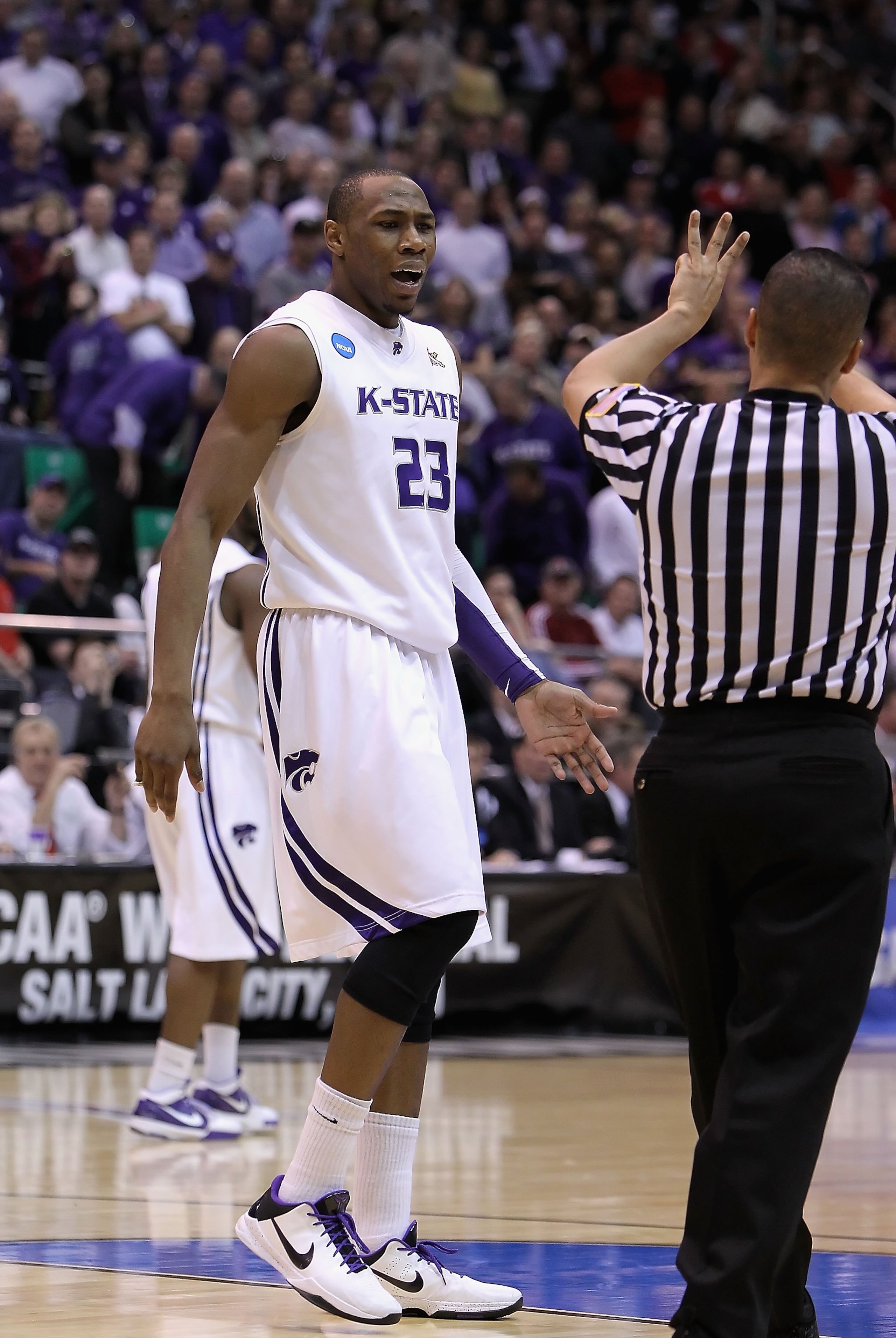 SALT LAKE CITY - MARCH 27:  Dominique Sutton #23 of the Kansas State Wildcats reacts during the west regional final of the 2010 NCAA men's basketball tournament against the Butler Bulldogs at the Energy Solutions Arena on March 27, 2010 in Salt Lake City,
