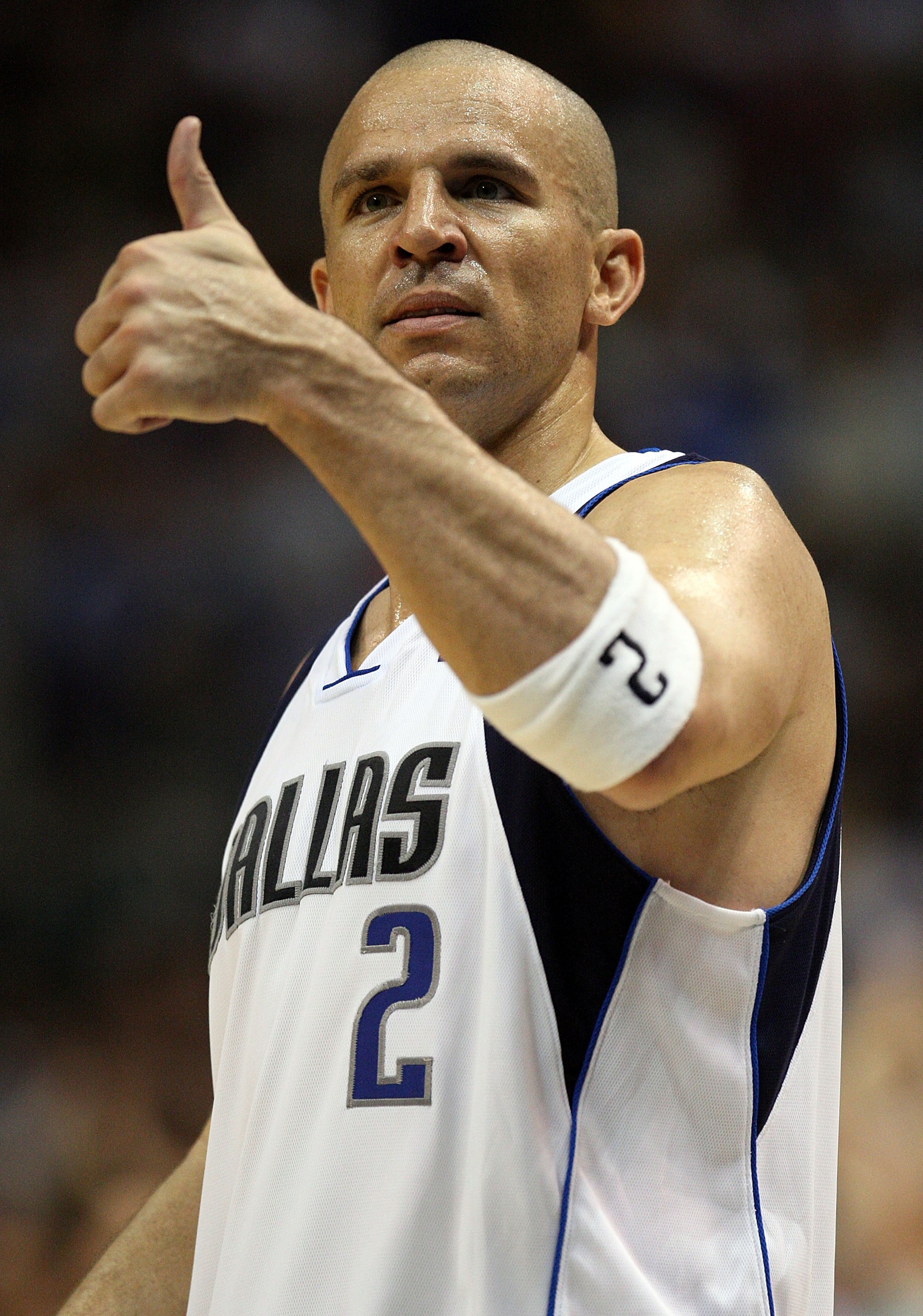 DALLAS - APRIL 25:  Guard Jason Kidd #2 of the Dallas Mavericks gives a thumbs up during a 99-90 win against the San Antonio Spurs in Game Four of the Western Conference Quarterfinals during the 2009 NBA Playoffs at American Airlines Center on April 25, 2
