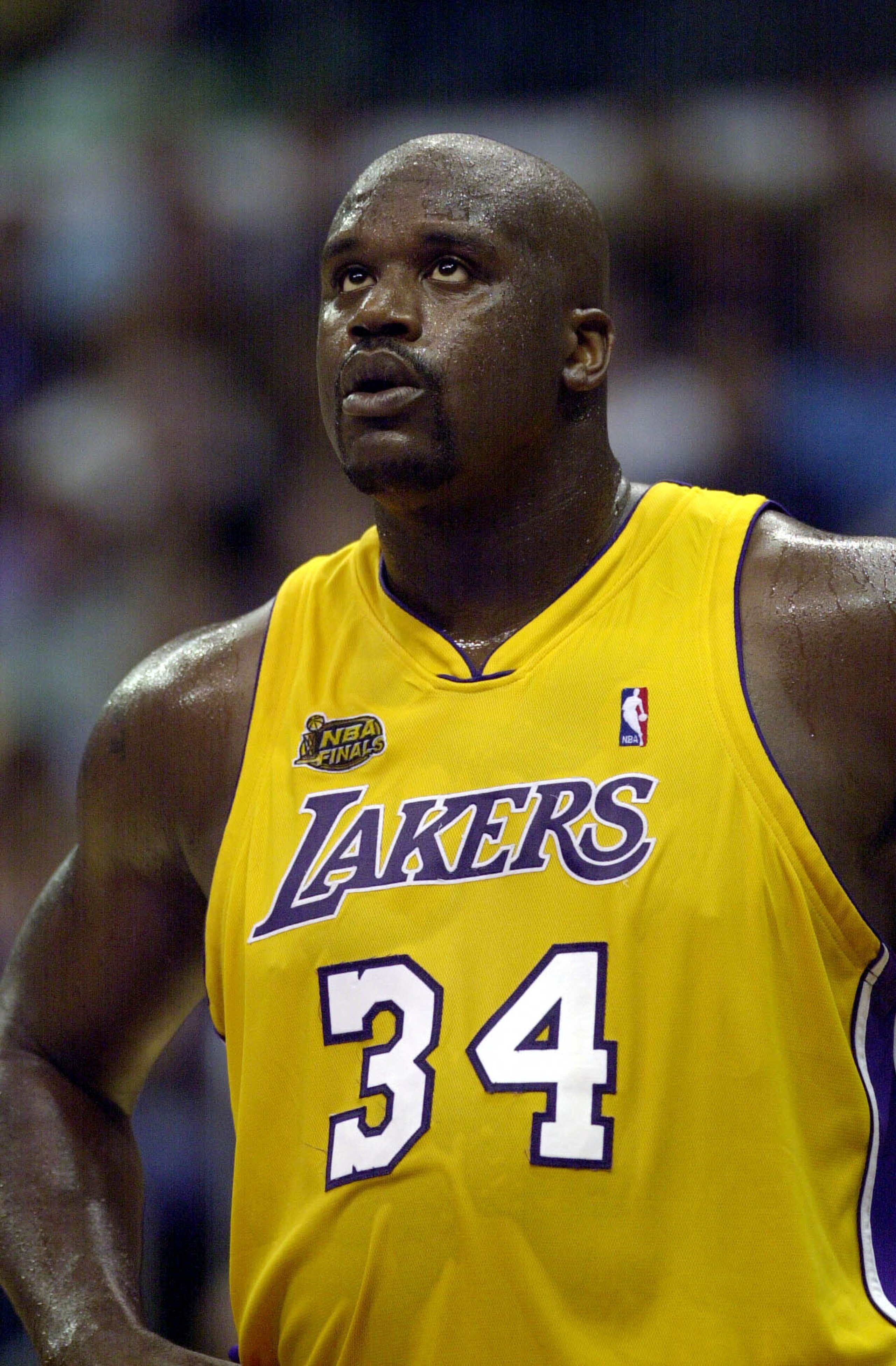 6 Jun 2001:  Shaquille O''Neal #34 of the Los Angeles Lakers in game one of the NBA Finals against the Philadelphia 76ers at Staples Center in Los Angeles, California.  The 76ers won 107-101.  DIGITAL IMAGE.  Mandatory Credit: Otto Greule/Allsport.