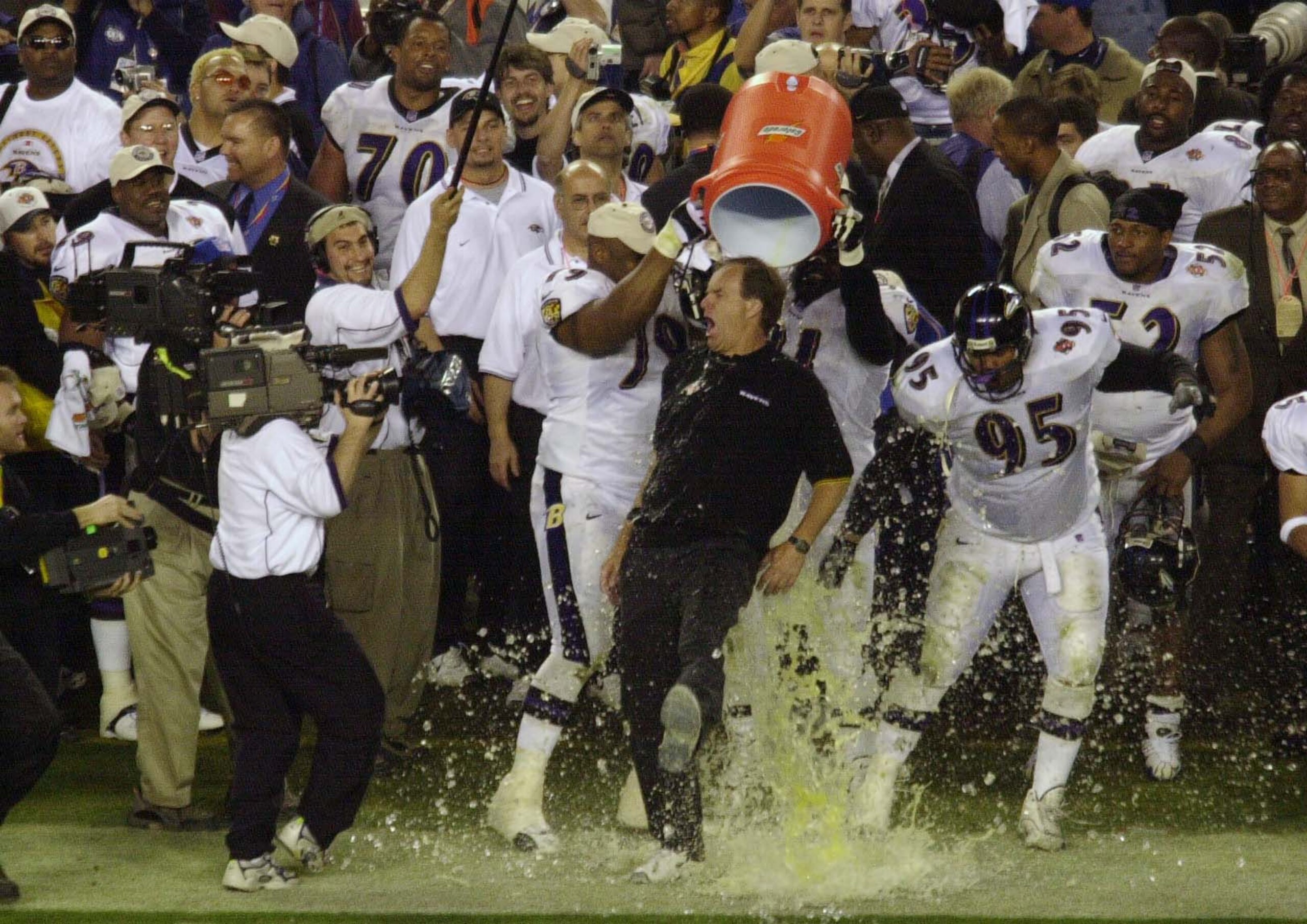 28 Jan 2001: Head coach Brian Billick of the Baltimore Ravens is doused with Gatorade in the final seconds against the New York Giants during Super Bowl XXXV at Raymond James Stadium in Tampa, Florida. The Ravens defeated the Giants 34-7. DIGITAL IMAGE. M