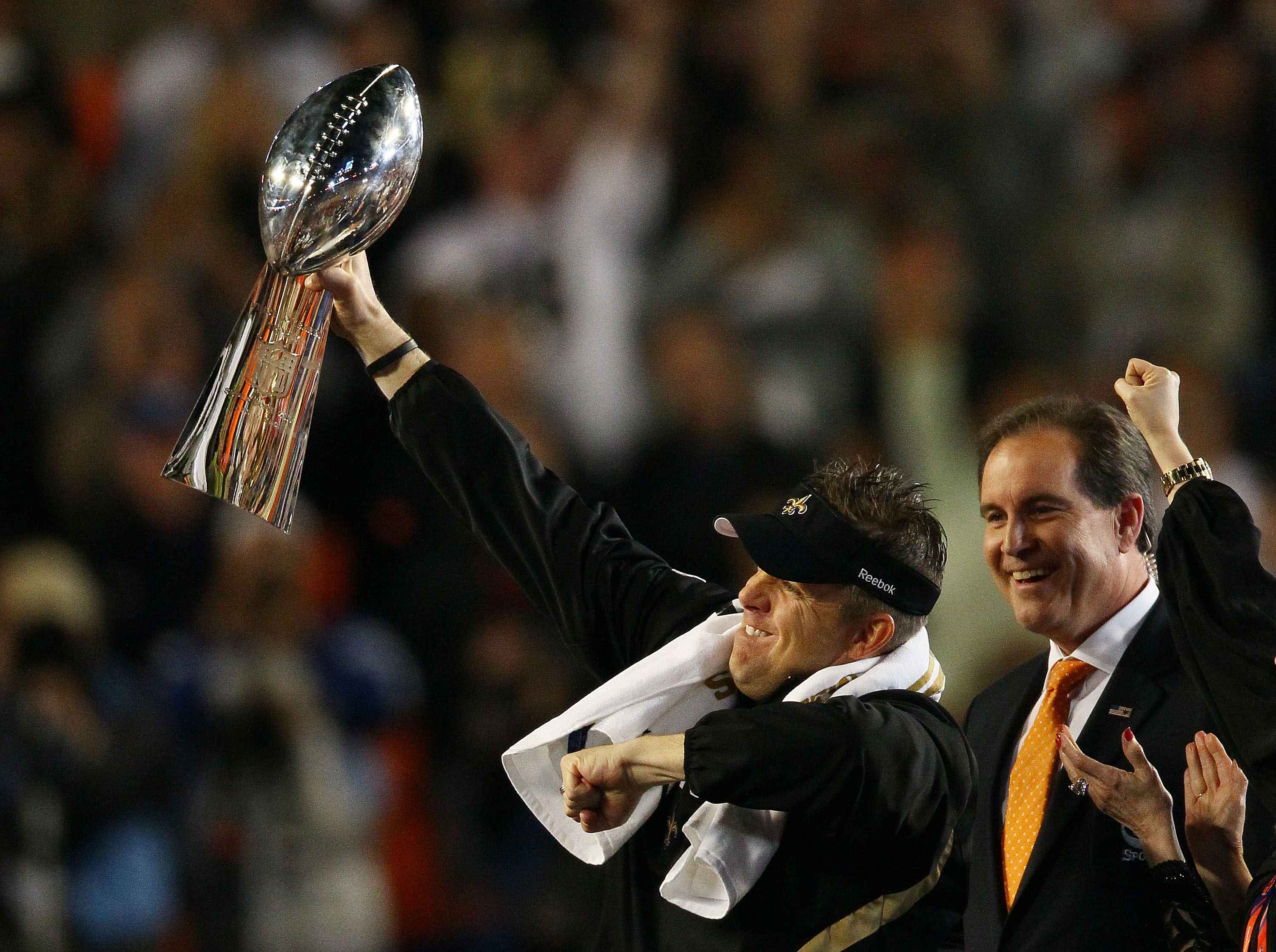 MIAMI GARDENS, FL - FEBRUARY 07: Head coach Sean Payton  of the New Orleans Saints holds up the Vince Lombardi Trophy after defeating the Indianapolis Colts during Super Bowl XLIV on February 7, 2010 at Sun Life Stadium in Miami Gardens, Florida.  (Photo