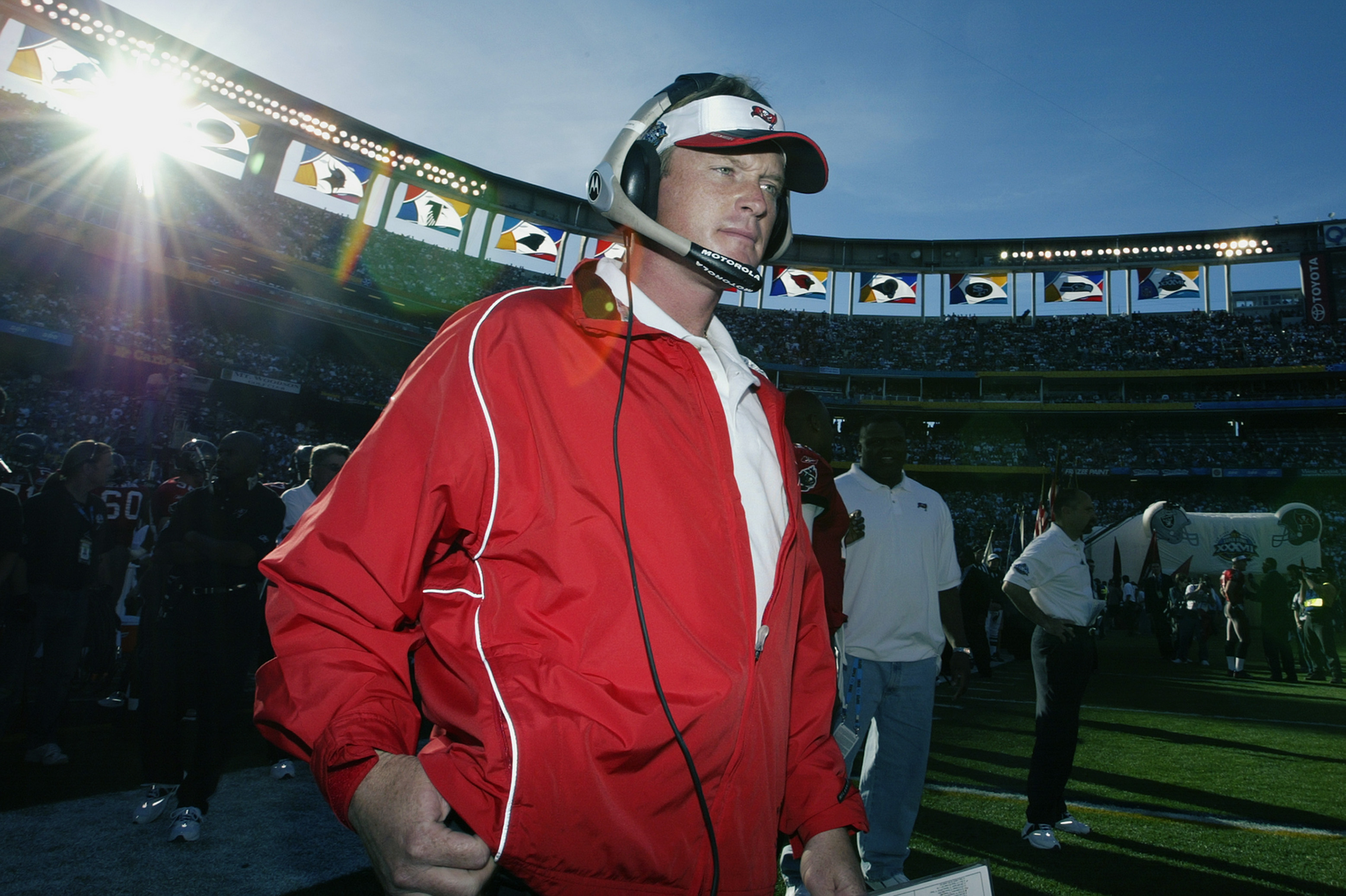 SAN DIEGO - JANUARY 26:  Head coach Jon Gruden of the Tampa Bay Buccaneers walks onto the field before Super Bowl XXXVII against the Oakland Raiders at Qualcomm Stadium on January 26, 2003 in San Diego, California.  The Buccaneers defeated the Raiders 48-