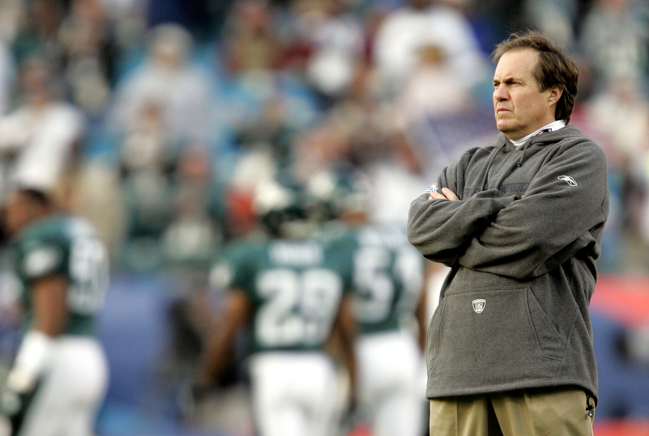 JACKSONVILLE, FL - FEBRUARY 06:  Head coach Bill Belichick of the New England Patriots watches his team during warm-ups before the start of Super Bowl XXXIX against the Philadelphia Eagles at Alltel Stadium on February 6, 2005 in Jacksonville, Florida.  (