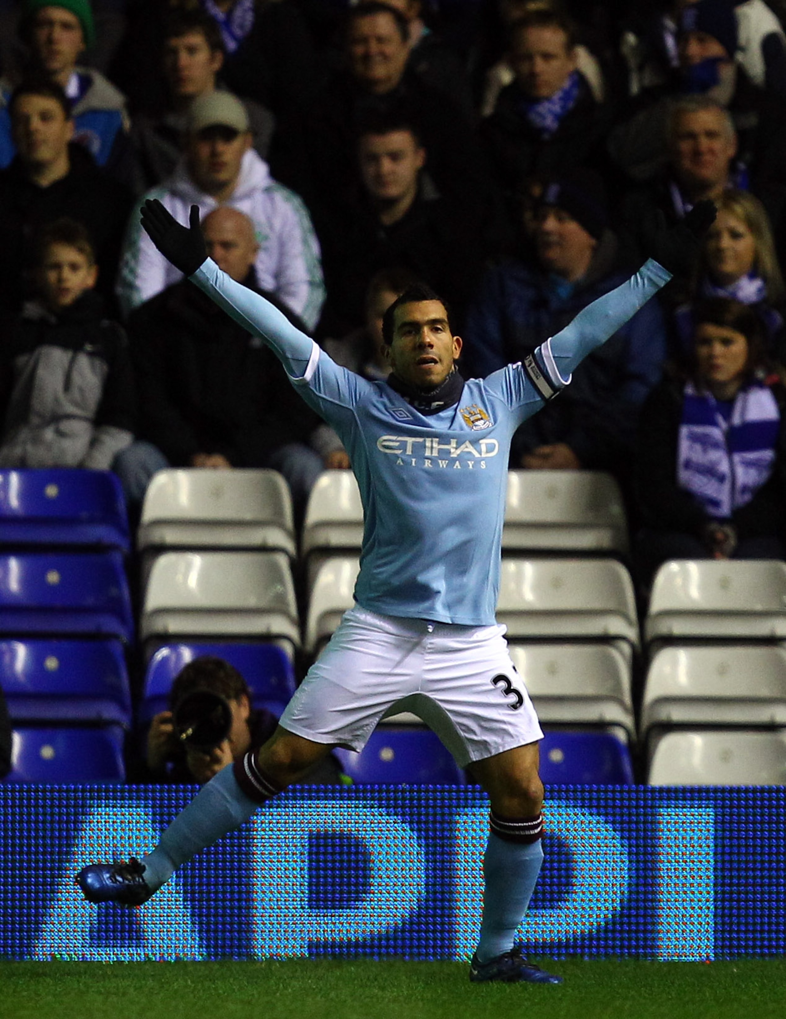 BIRMINGHAM, ENGLAND - FEBRUARY 02:  Carlos Tevez of Manchester City celebrates scoring the opening goal during the Barclays premier league match between Birmingham City and Manchester City at St Andrews on February 2, 2011 in Birmingham, England.  (Photo