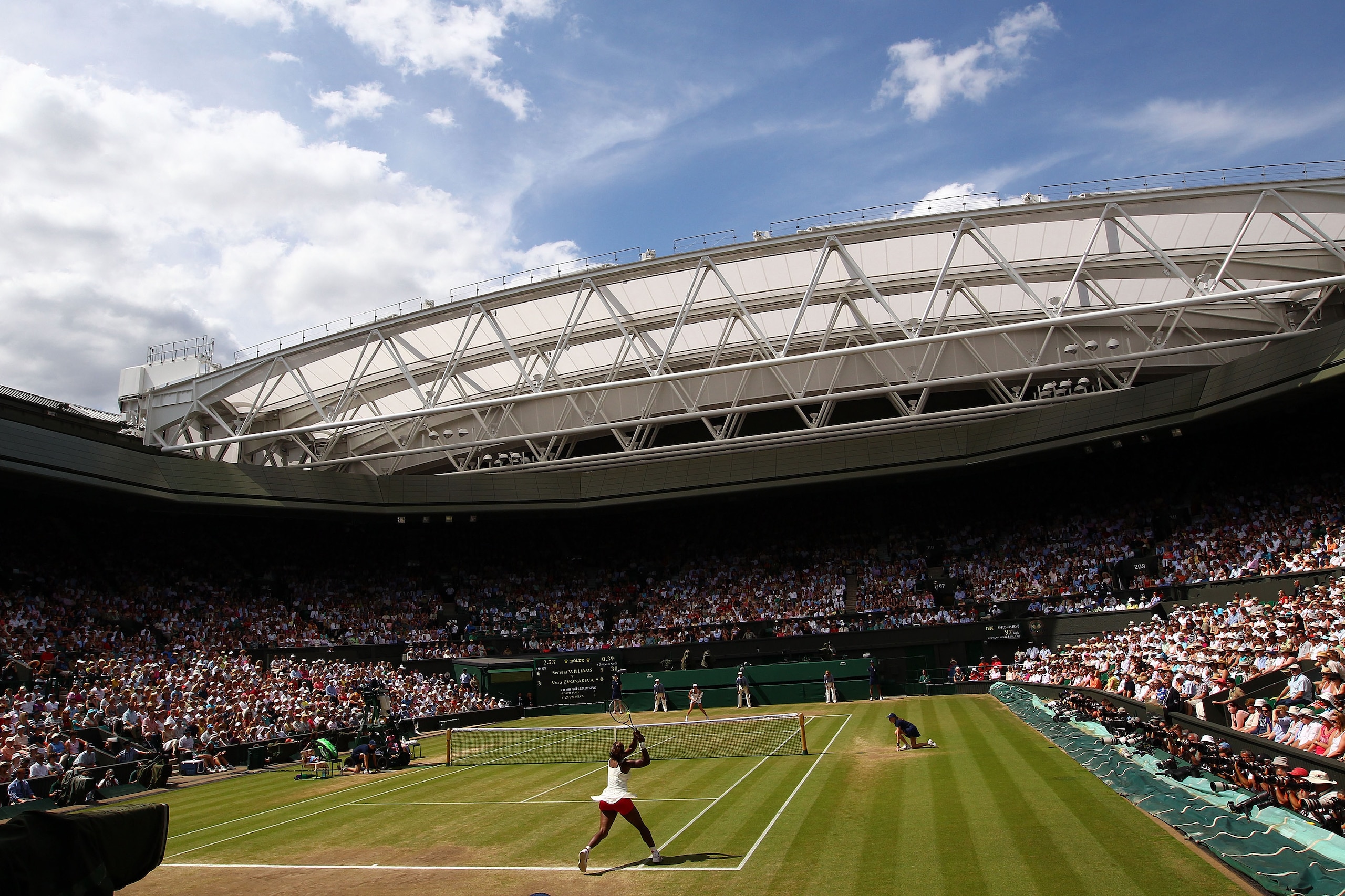 LONDON, ENGLAND - JULY 03: Serena Williams of USA in action during the Ladies Singles Final Match against Vera Zvonareva of Russia on Day Twelve of the Wimbledon Lawn Tennis Championships at the All England Lawn Tennis and Croquet Club on July 3, 2010 in LONDON, ENGLAND - JULY 03: Serena Williams of USA in action during the Ladies Singles Final Match against Vera Zvonareva of Russia on Day Twelve of the Wimbledon Lawn Tennis Championships at the All England Lawn Tennis and Croquet Club on July 3, 2010 in