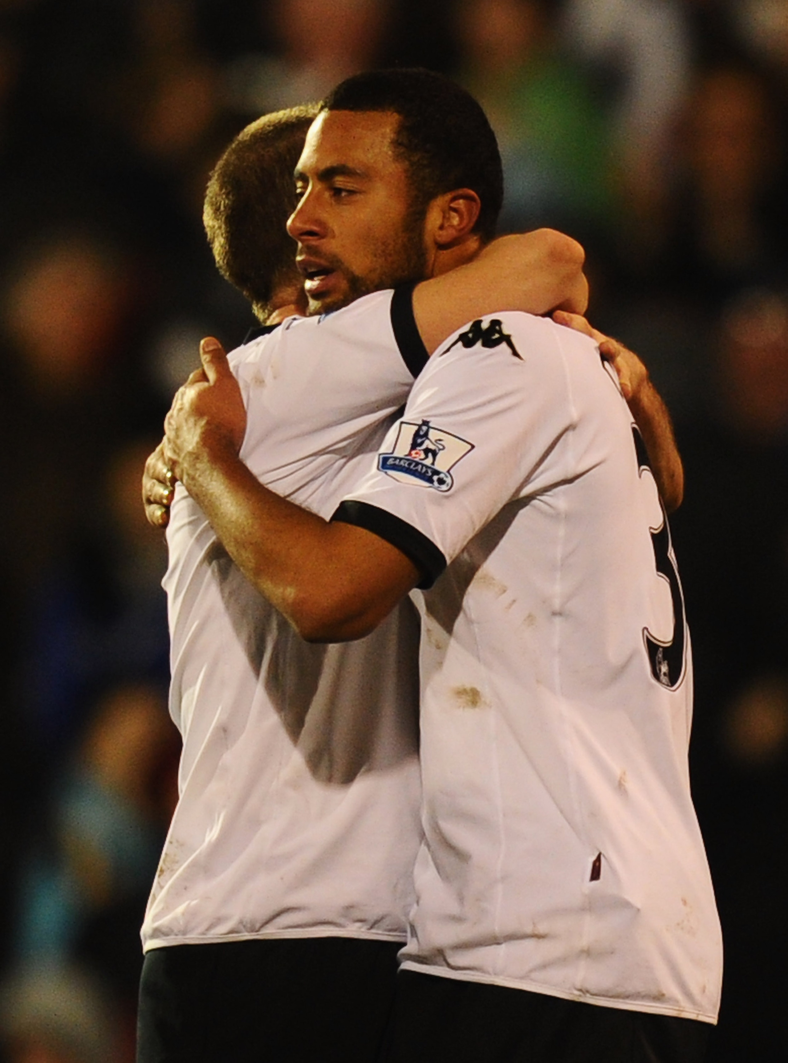 LONDON, ENGLAND - JANUARY 30:  Moussa Dembele of Fulham (30) celebrates with team mate Danny Murphy as he scores their fourth goal during the FA Cup sponsored by E.ON 4th Round match between Fulham and Tottenham Hotspur at Craven Cottage on January 30, 20