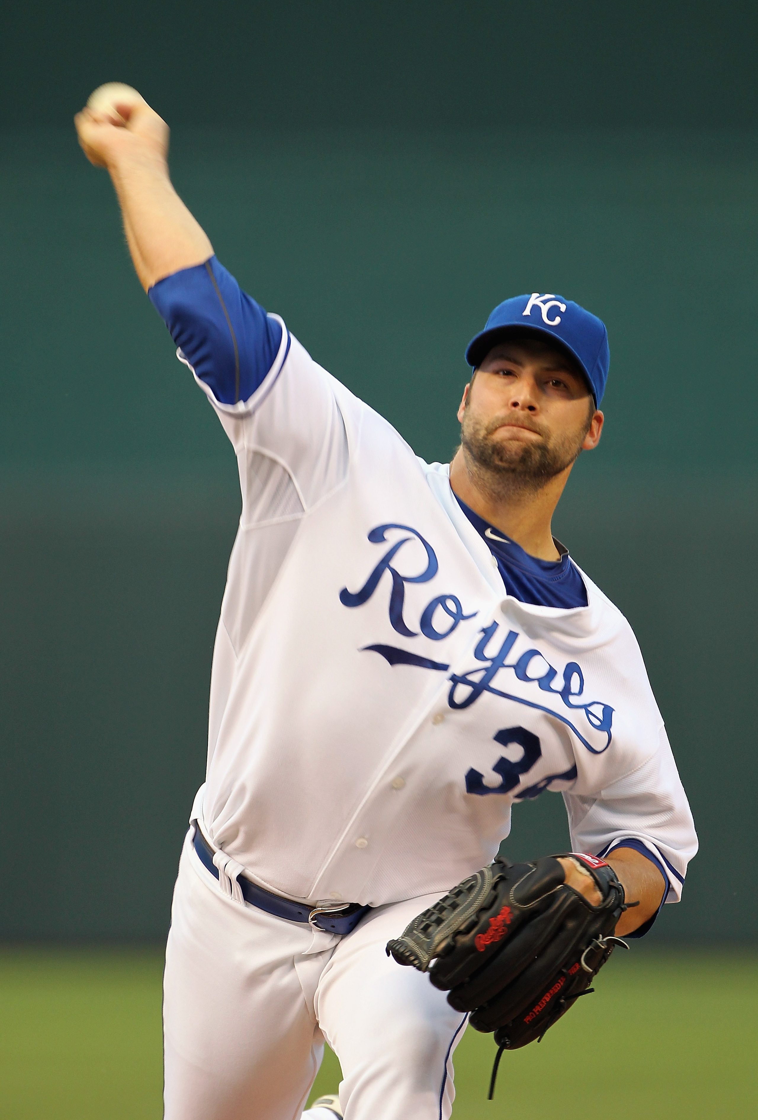 KANSAS CITY, MO - AUGUST 13:  Starting pitcher Kyle Davies #34 of the Kansas City Royals warms up just prior to the start of the game against the New York Yankees on August 13, 2010 at Kauffman Stadium in Kansas City, Missouri.  (Photo by Jamie Squire/Get