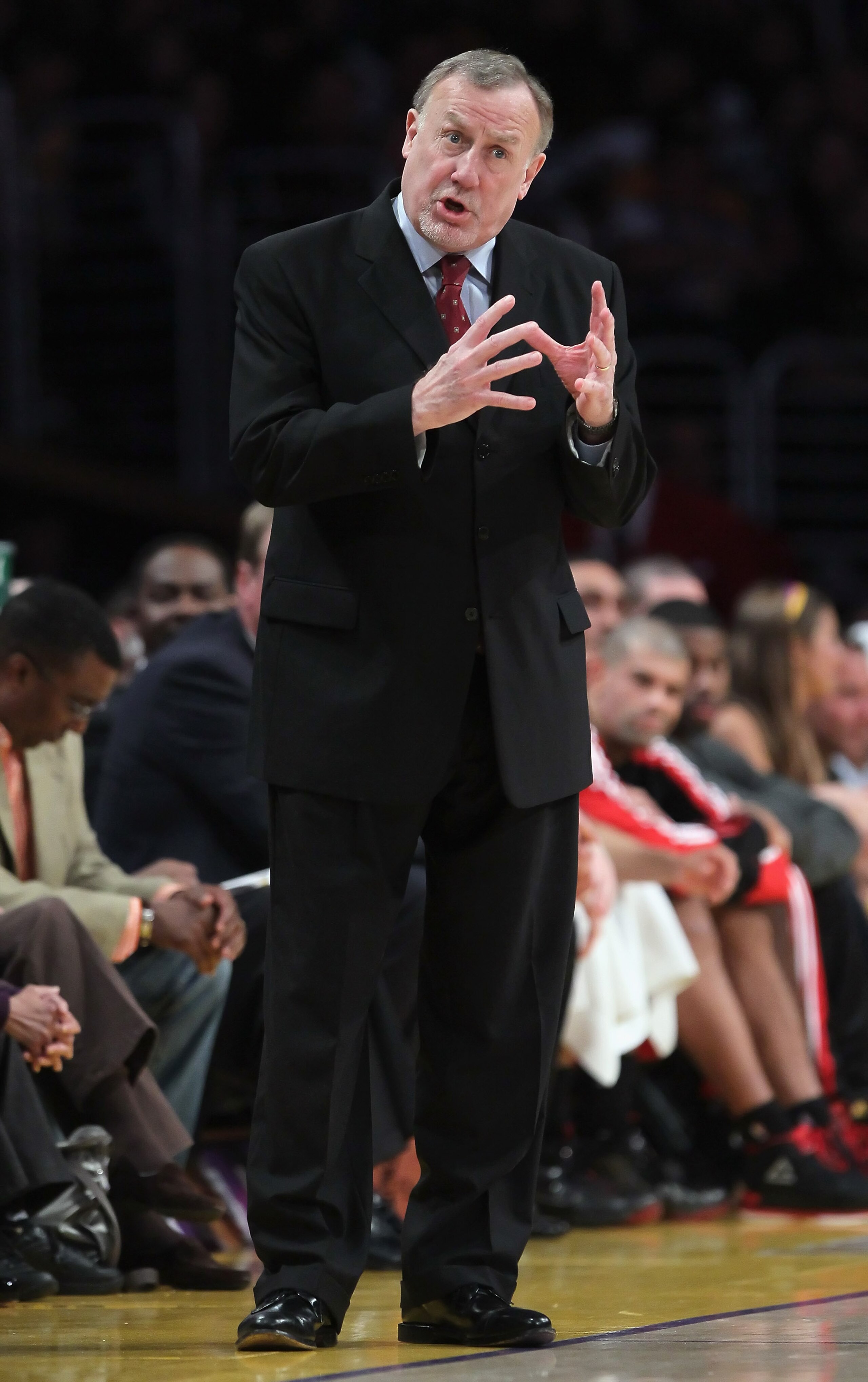 LOS ANGELES, CA - FEBRUARY 01:  Houston Rockets head coach Rick Adelman gestures during the game against the Los Angeles Lakers at Staples Center on February 1, 2011 in Los Angeles, California. The Lakers defeated the Rockets 114-106. NOTE TO USER: User e