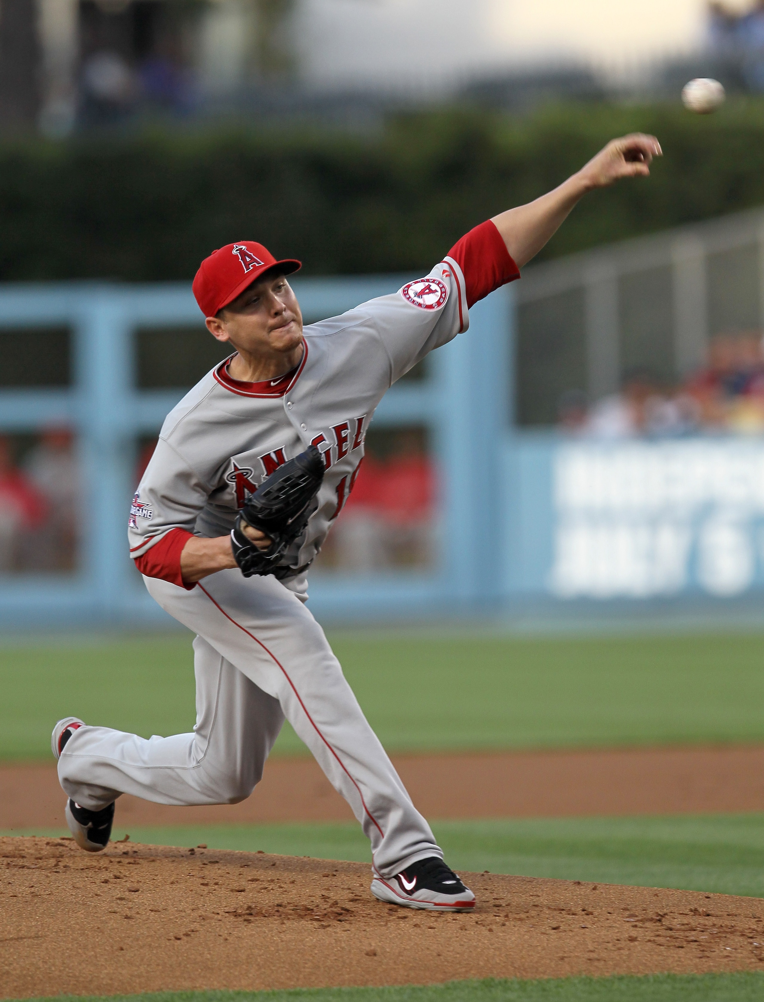 LOS ANGELES, CA - JUNE 12:  Scott Kazmir #19 of the Los Angeles Angels of Anaheim throws a pitch against the Los Angeles Dodgers on June 12, 2010 at Dodger Stadium in Los Angeles, California.  (Photo by Stephen Dunn/Getty Images)