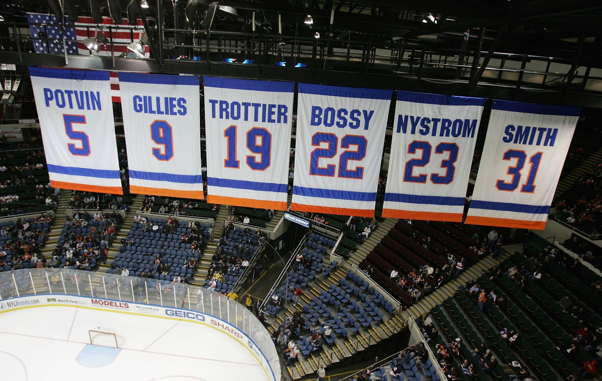 UNIONDALE, NY - JANUARY 29:  The New York Islanders  banners honoring the retired jerseys of Denis Potvin, Clark Gillies, Bryan Trottier, Mike Bossy, Bob Nystrom and Bill Smith are shown during the game against the Ottawa Senators on January 29, 2008 at N