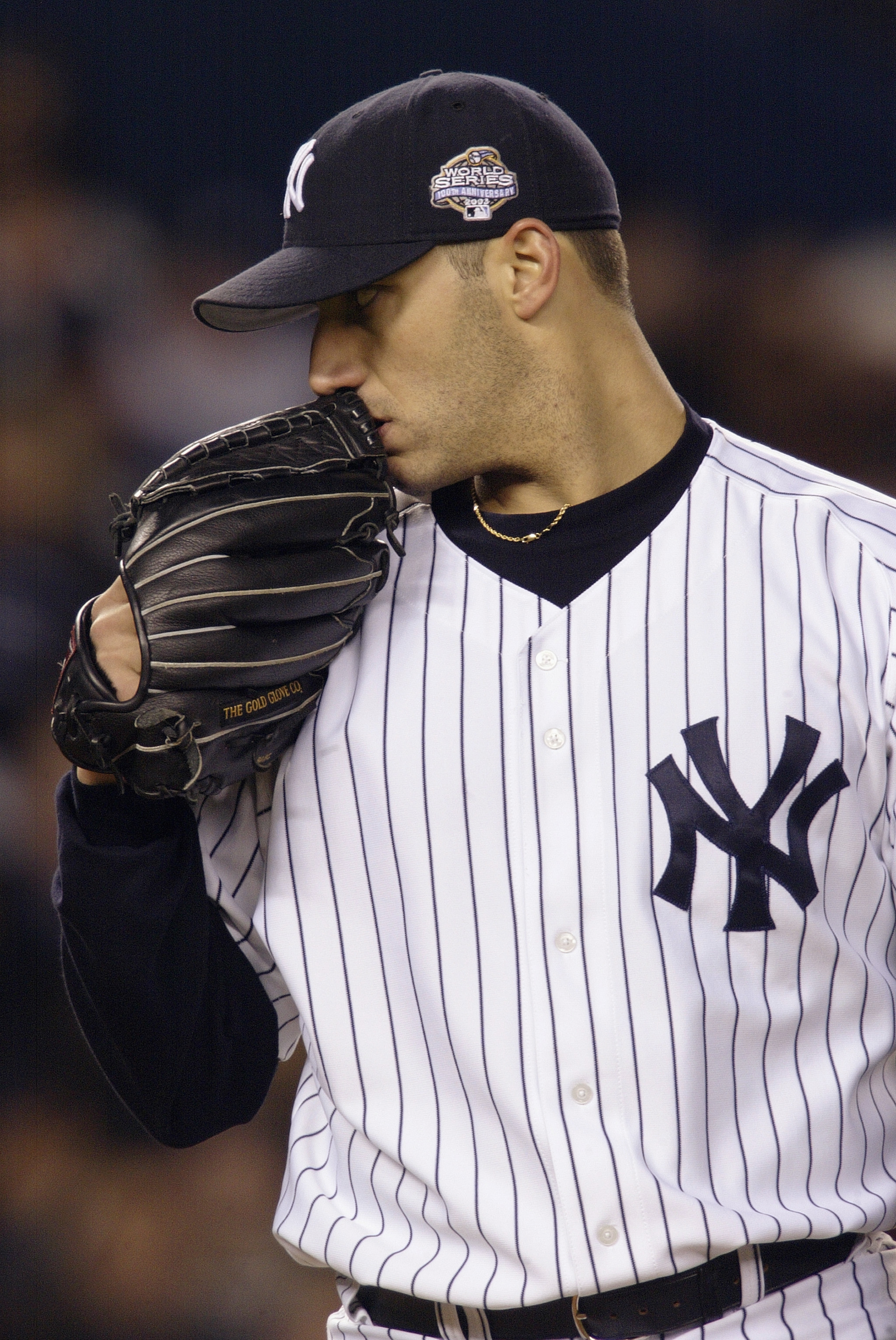 BRONX, NY - OCTOBER 19:  Starting pitcher Andy Pettitte #46 of the New York Yankees stares in at the plate during game 2 of the Major League Baseball World Series against the Florida Marlins on October 19, 2003 at Yankee Stadium in the Bronx, New York.  T