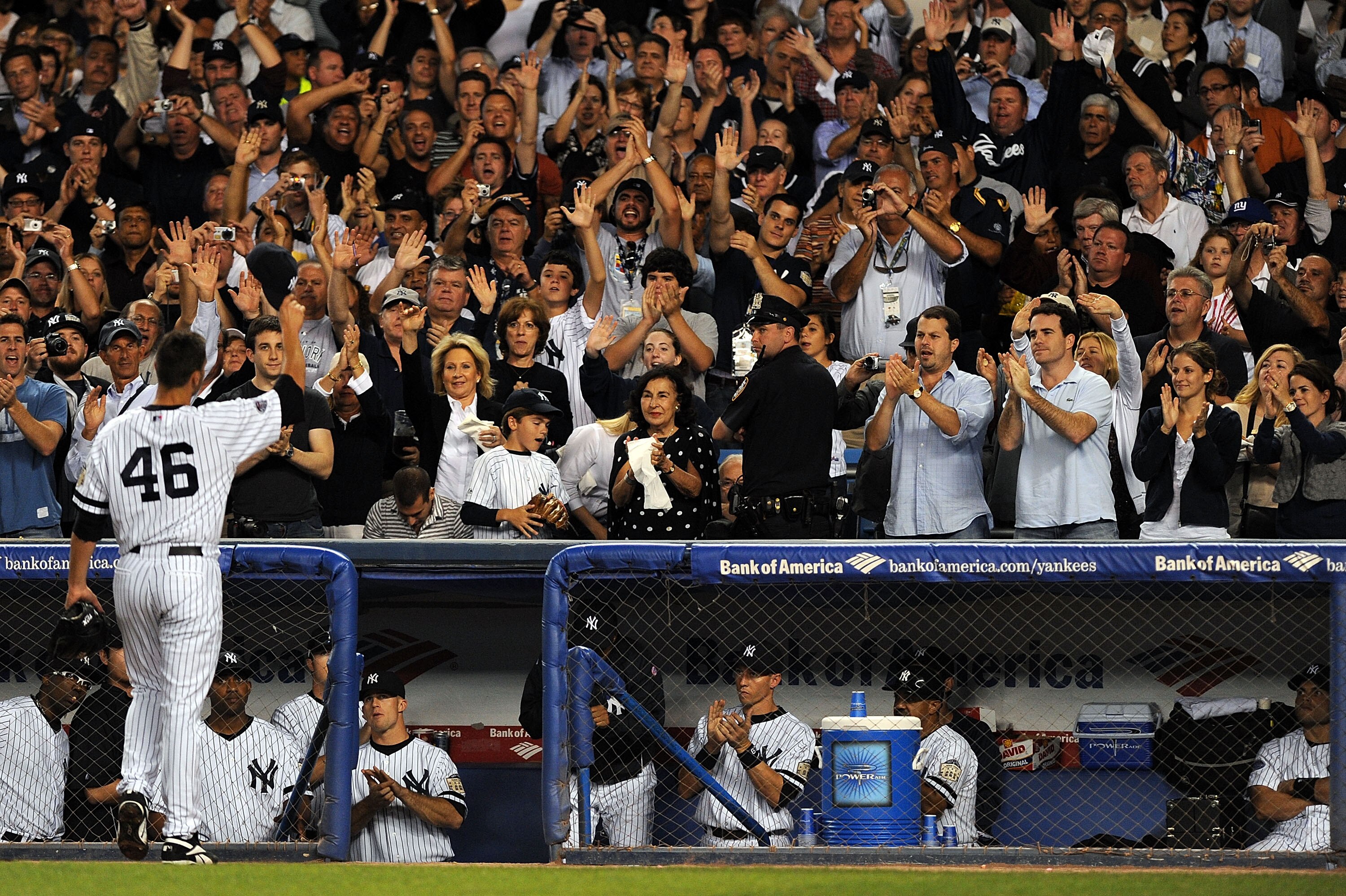 NEW YORK - SEPTEMBER 21:  Starting pitcher Andy Pettitte #46 of the New York Yankees comes out of the game in the fifth inning against the Baltimore Orioles during the last regular season game at Yankee Stadium on September 21, 2008 in the Bronx borough o