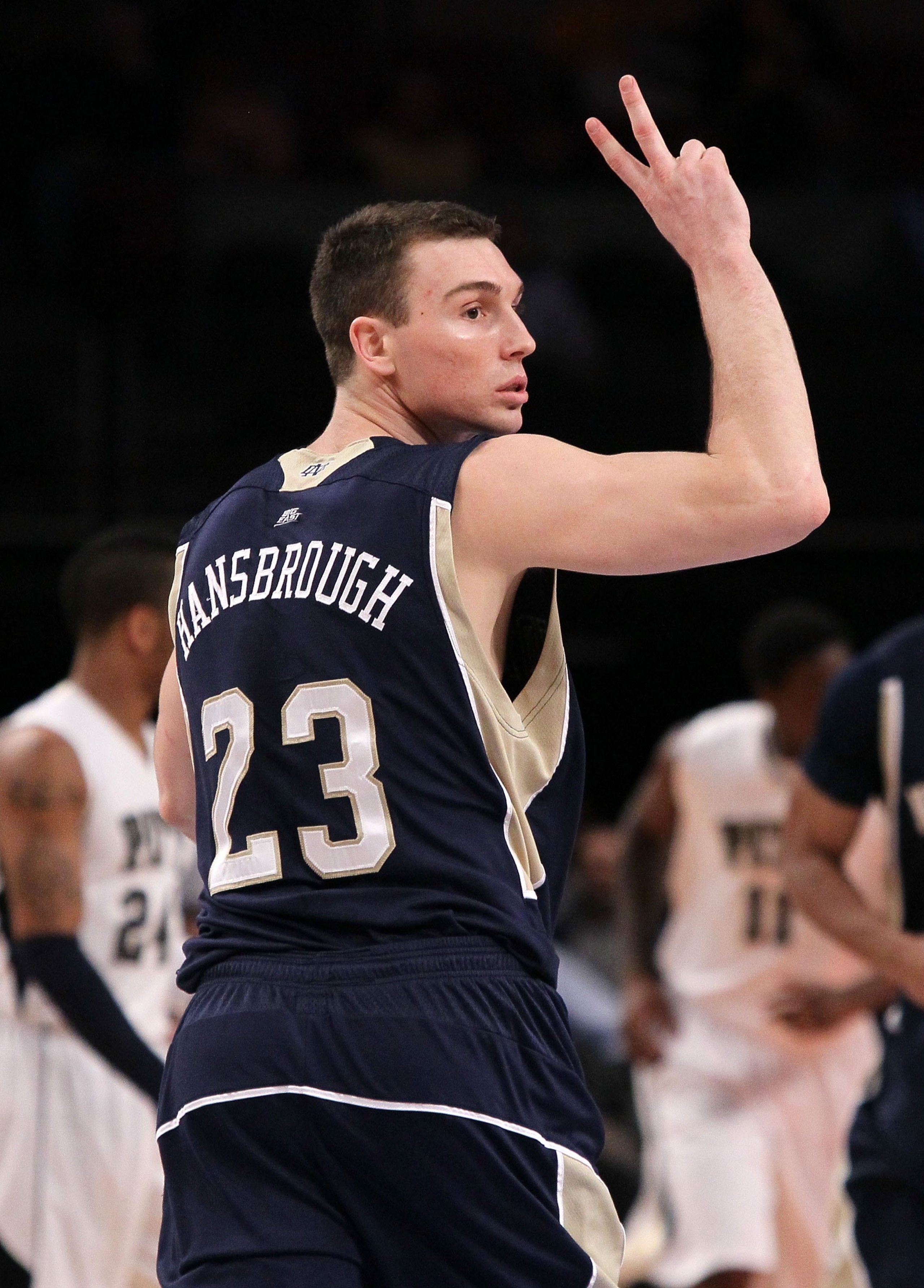 NEW YORK - MARCH 11: Ben Hansbrough #23 of the Notre Dame Fighting Irish gestures after a play against the Pittsburgh Panthers during the quarterfinal of the 2010 NCAA Big East Tournament at Madison Square Garden on March 11, 2010 in New York City. (Phot NEW YORK - MARCH 11: Ben Hansbrough #23 of the Notre Dame Fighting Irish gestures after a play against the Pittsburgh Panthers during the quarterfinal of the 2010 NCAA Big East Tournament at Madison Square Garden on March 11, 2010 in New York City. (Phot