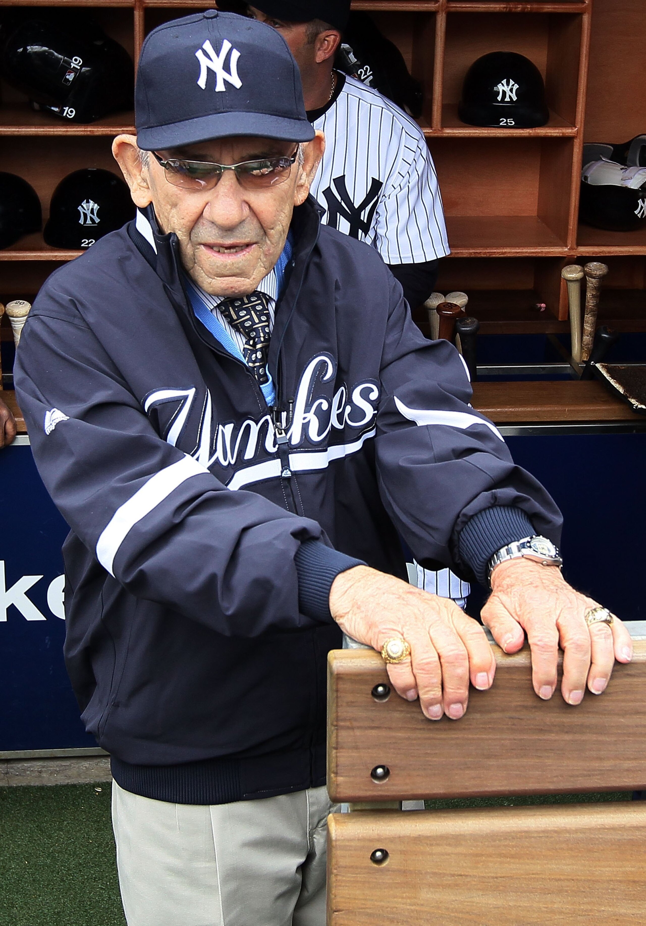 NEW YORK - APRIL 13:  New York Yankee Hall of Famer Yogi Berra looks on prior to the Yankees playing the Los Angeles Angels of Anaheim during the Yankees home opener at Yankee Stadium on April 13, 2010 in the Bronx borough of New York City.  (Photo by Jim