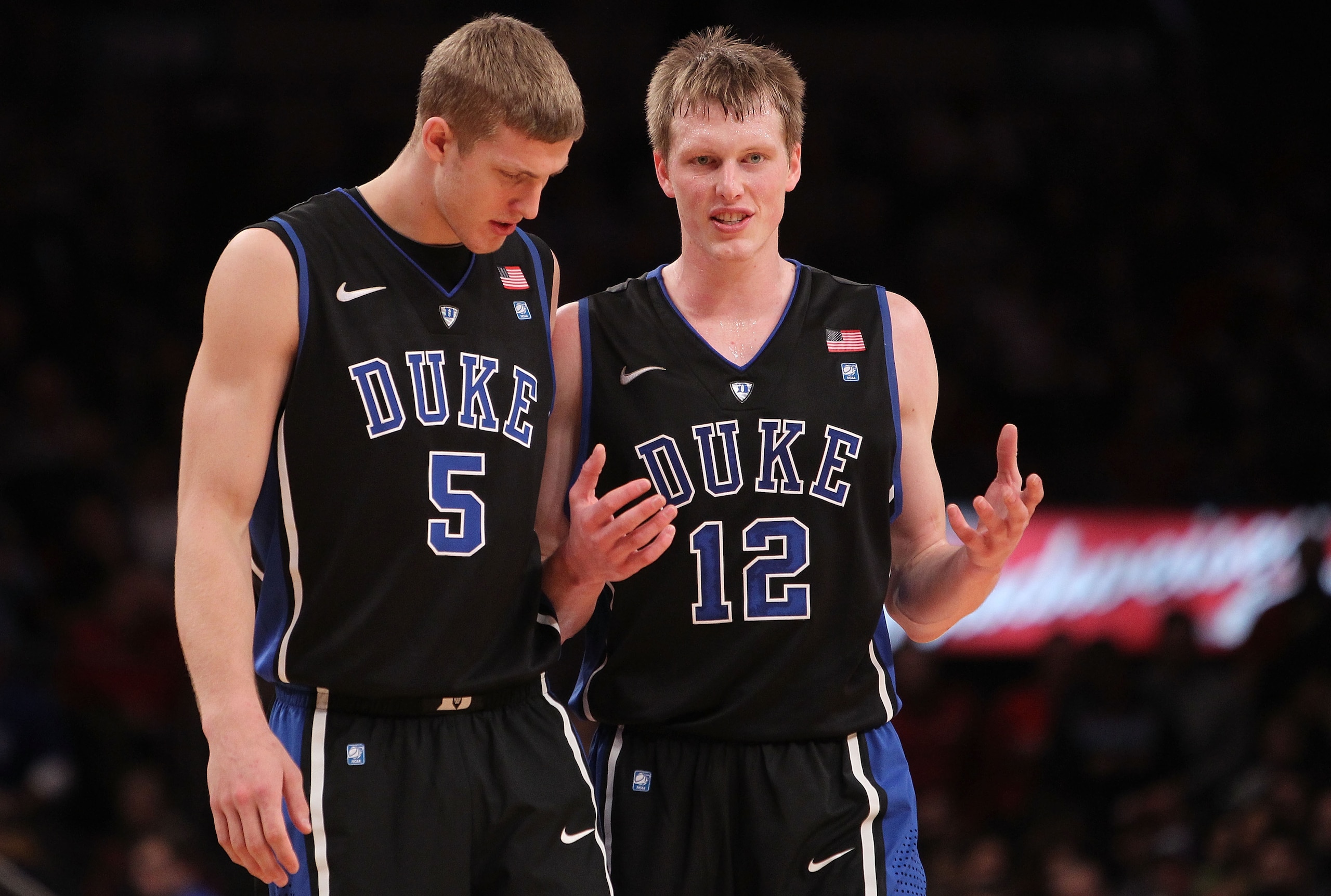 NEW YORK, NY - JANUARY 30: Mason Plumlee #5 of the Duke Blue Devils talks to teammate Kyle Singler #12 against the St John's Red Storm  at Madison Square Garden on January 30, 2011 in New York City.  (Photo by Nick Laham/Getty Images)