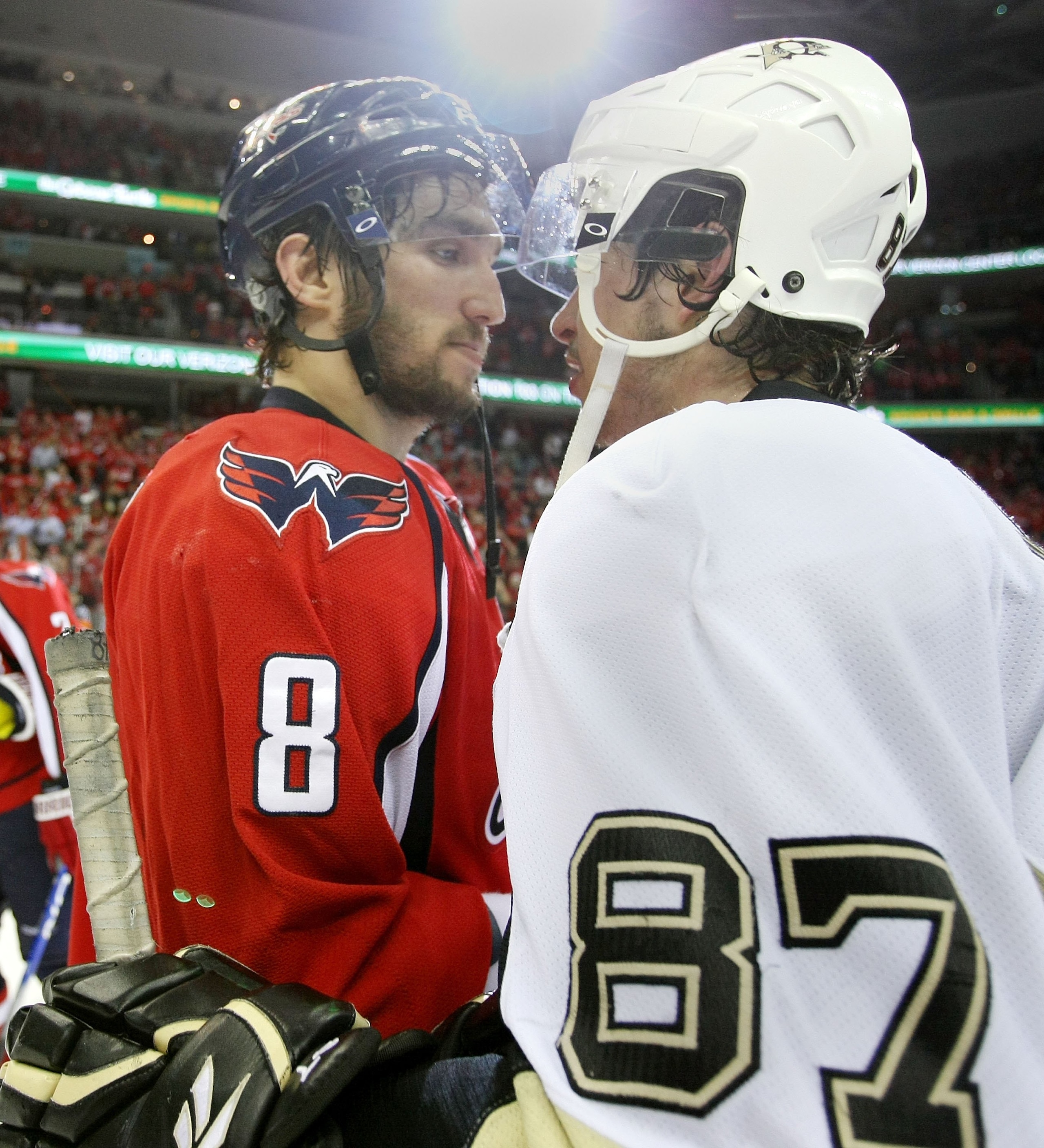 WASHINGTON - MAY 13:  Alex Ovechkin #8 of the Washington Capitals and Sidney Crosby #87 of the Pittsburgh Penguins shake hands after Pittsburgh's 6-2 victory in Game Seven of the Eastern Conference Semifinal  Round of the 2009 Stanley Cup Playoffs at Veri
