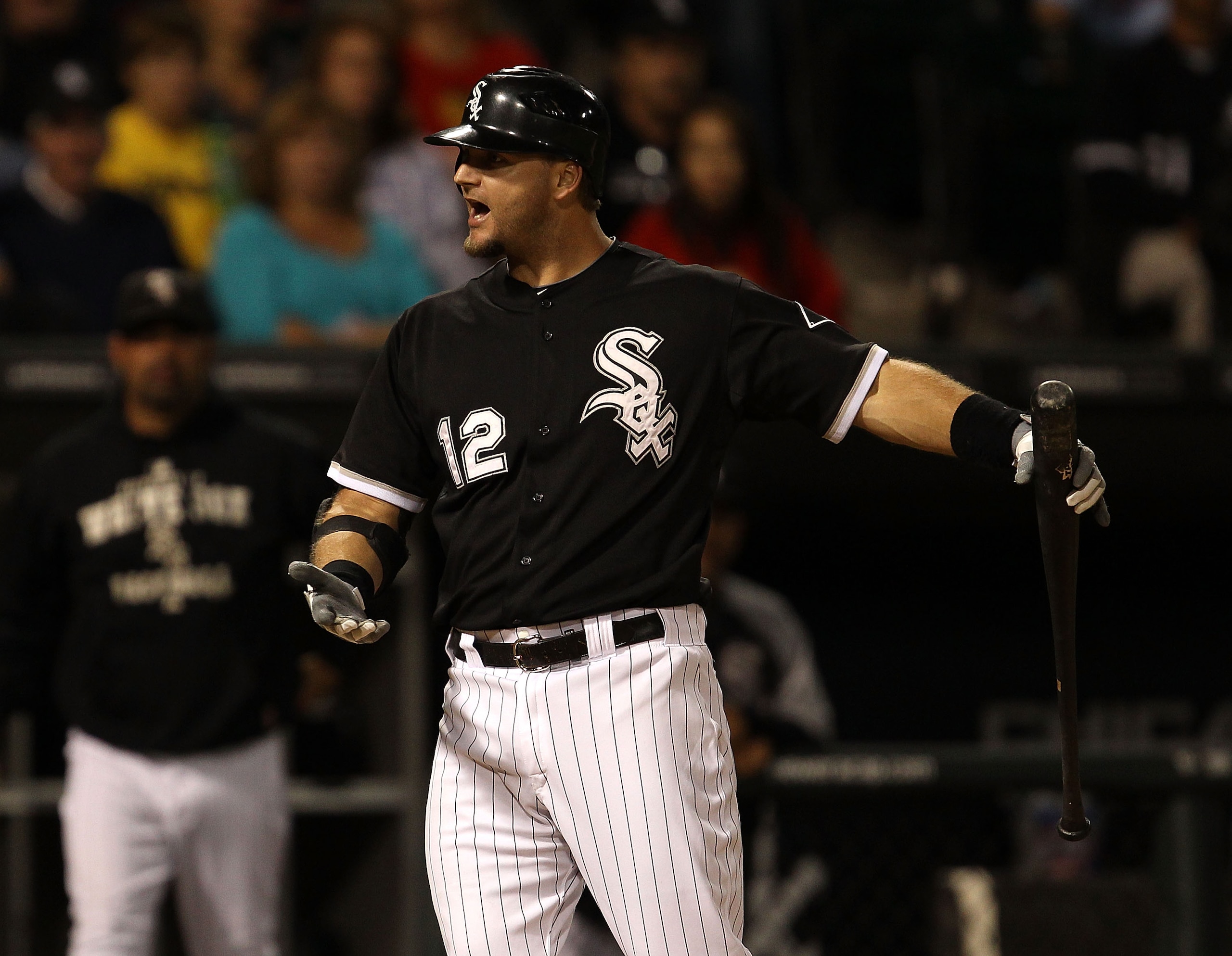 CHICAGO - SEPTEMBER 14: A.J. Pierzynski #12 of the Chicago White Sox argues a called third strike with umpire Brian O'Nora during a game against the Minnesota Twins at U.S. Cellular Field on September 14, 2010 in Chicago, Illinois. (Photo by Jonathan Dani