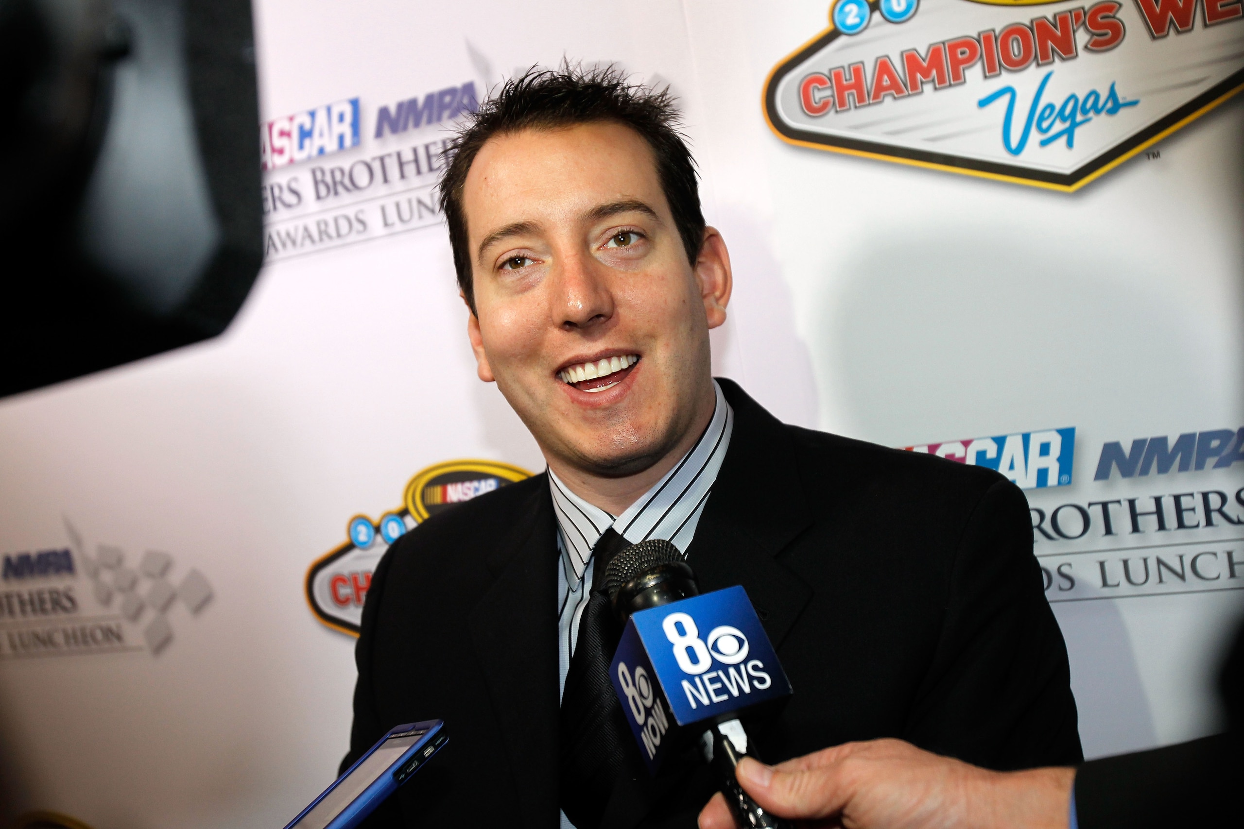 LAS VEGAS, NV - DECEMBER 02:  Kyle Busch, driver of the #18 M&M's Toyota, speaks to the media after the NASCAR Sprint Cup Series Champions Week NMPA Myers Brothers Awards Luncheon at the Bellagio on December 2, 2010 in Las Vegas, Nevada.  (Photo by Todd W