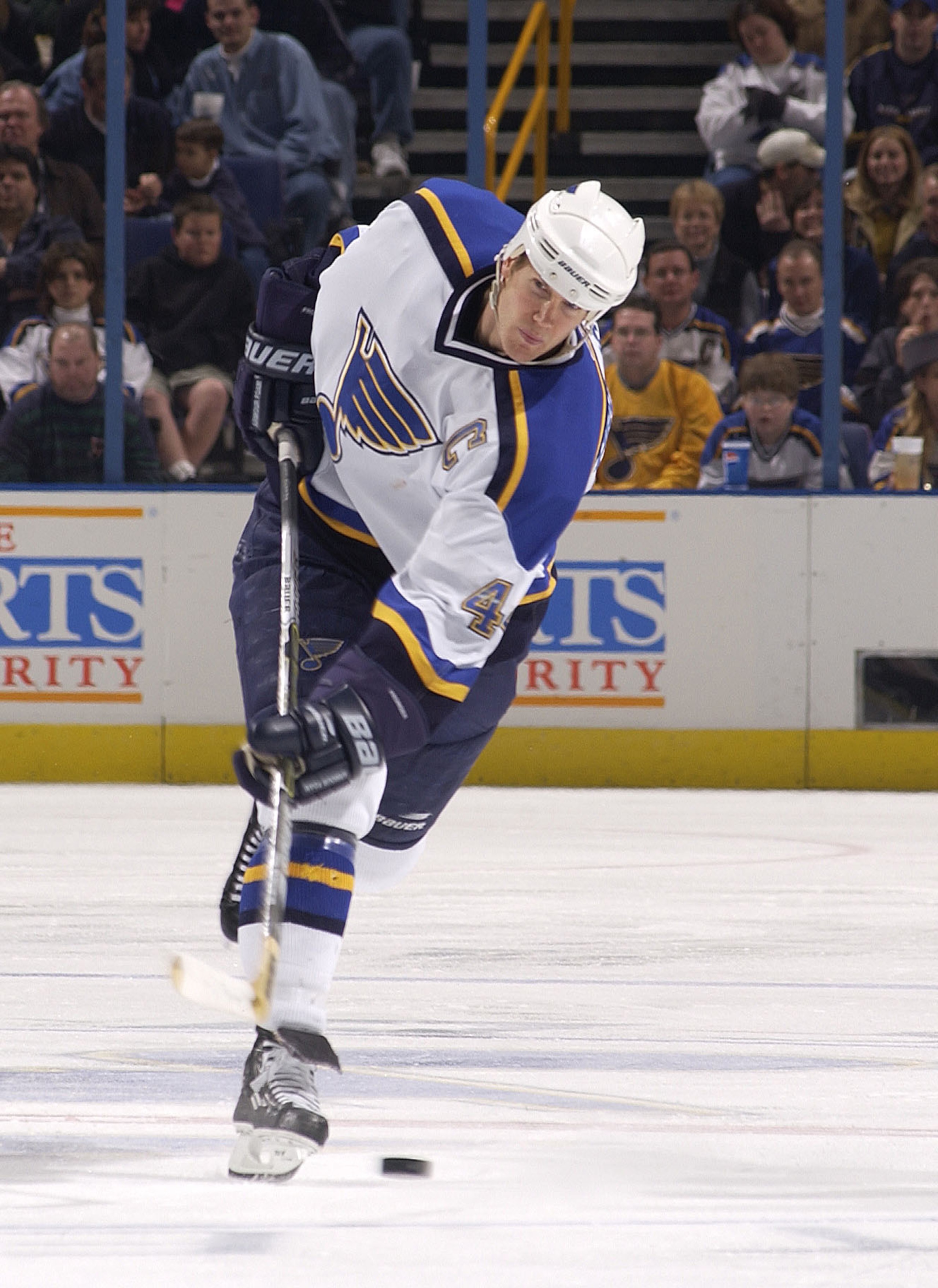 8 Dec 2001: Chris Pronger #44 of the St. Louis Blues takes a shot against the Los Angeles Kings during the third period at the Savvis Center in St. Louis, Missouri. The St. Louis Blues beat the Los Angeles Kings 2-0. DIGITAL IMAGE. Mandatory Credit: Elsa/