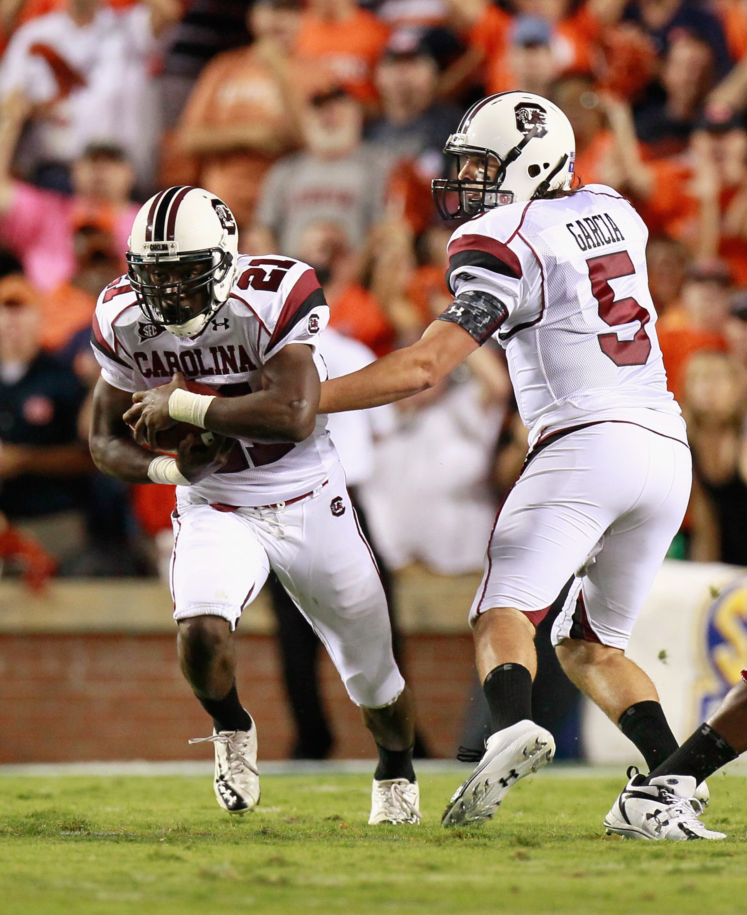 AUBURN, AL - SEPTEMBER 25:  Quarterback Stephen Garcia #5 and Marcus Lattimore #21 of the South Carolina Gamecocks against the Auburn Tigers at Jordan-Hare Stadium on September 25, 2010 in Auburn, Alabama.  (Photo by Kevin C. Cox/Getty Images)