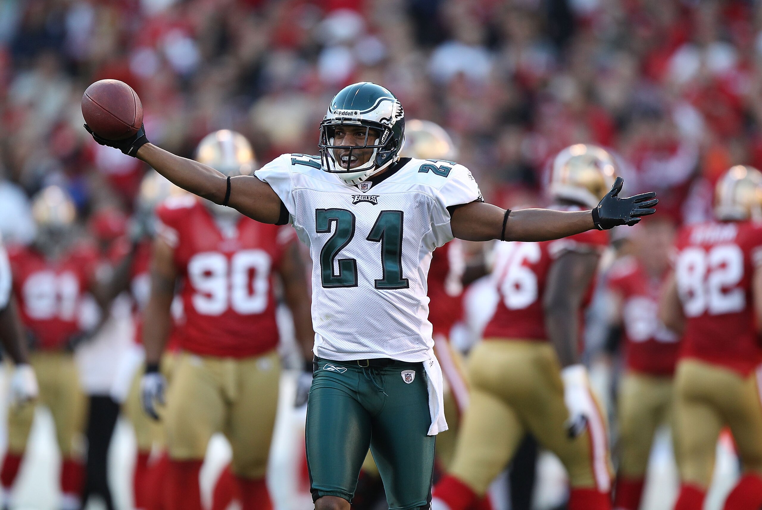 SAN FRANCISCO - OCTOBER 10: Joselio Hanson #21 of the Philadelphia Eagles celebrates after recovering a fumble against the San Francisco 49ers during an NFL game at Candlestick Park on October 10, 2010 in San Francisco, California. (Photo by Jed Jacobso SAN FRANCISCO - OCTOBER 10: Joselio Hanson #21 of the Philadelphia Eagles celebrates after recovering a fumble against the San Francisco 49ers during an NFL game at Candlestick Park on October 10, 2010 in San Francisco, California. (Photo by Jed Jacobso