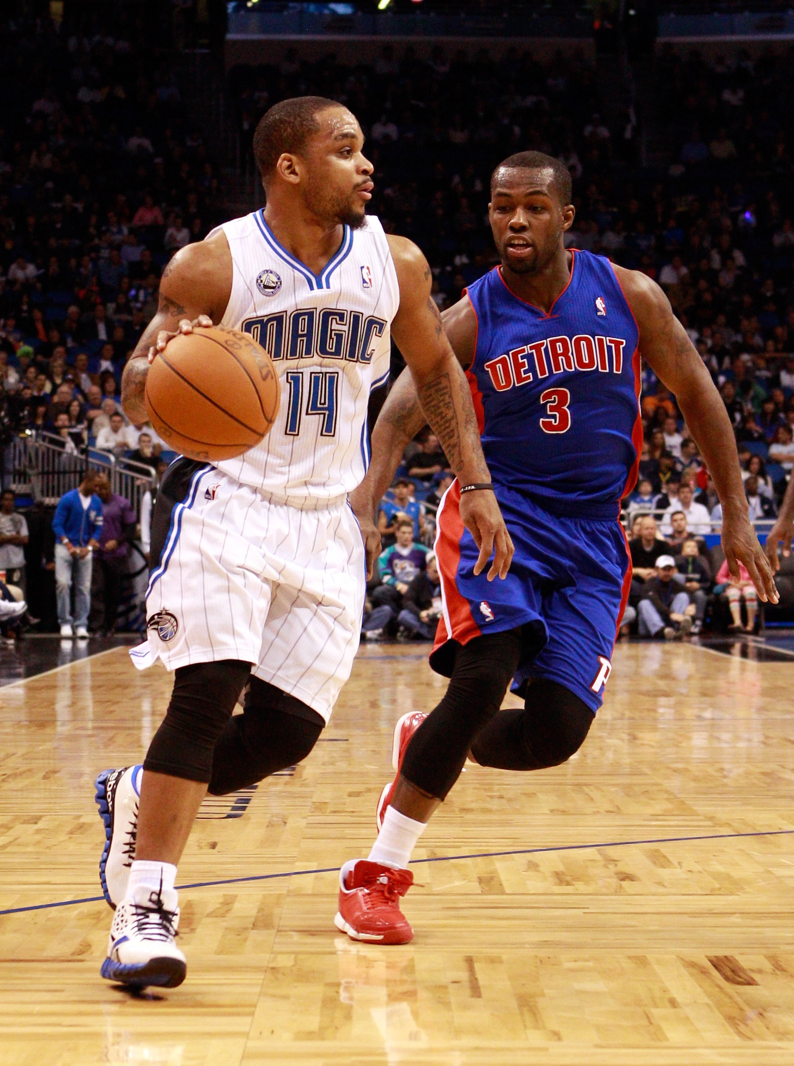 ORLANDO, FL - JANUARY 24: Rodney Stuckey #3 of the Detroit Pistons attempts to guard Jameer Nelson #14 of the Orlando Magic during the game at Amway Arena on January 24, 2011 in Orlando, Florida. NOTE TO USER: User expressly acknowledges and agrees tha ORLANDO, FL - JANUARY 24: Rodney Stuckey #3 of the Detroit Pistons attempts to guard Jameer Nelson #14 of the Orlando Magic during the game at Amway Arena on January 24, 2011 in Orlando, Florida. NOTE TO USER: User expressly acknowledges and agrees tha