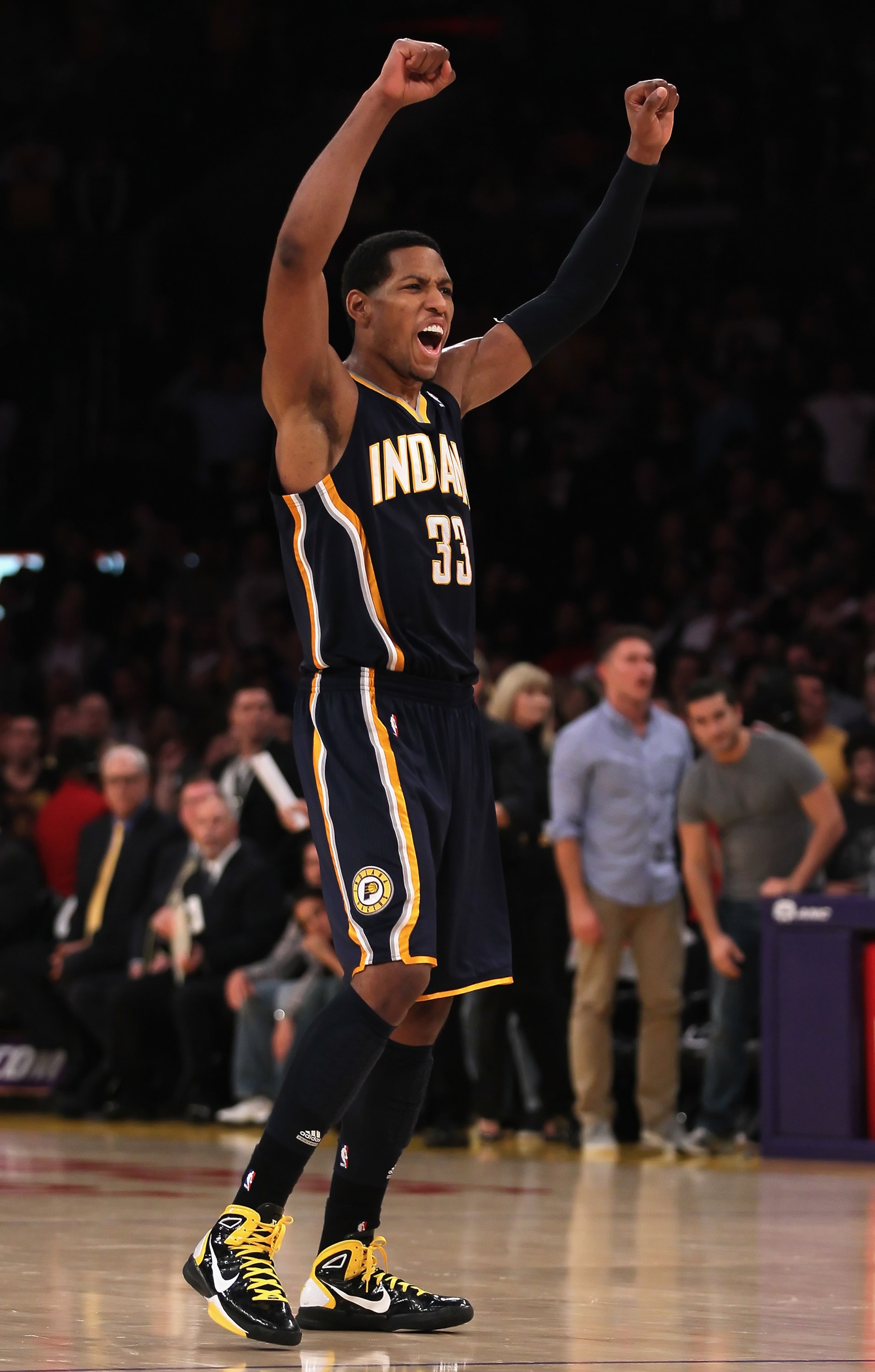 LOS ANGELES, CA - NOVEMBER 28: Danny Granger #33 of the Indiana Pacers celebrates at the conclusion of the game against the Los Angeles Lakers at Staples Center on November 28, 2010 in Los Angeles, California. The Pacers defeated the Lakers 95-92. NOTE T LOS ANGELES, CA - NOVEMBER 28: Danny Granger #33 of the Indiana Pacers celebrates at the conclusion of the game against the Los Angeles Lakers at Staples Center on November 28, 2010 in Los Angeles, California. The Pacers defeated the Lakers 95-92. NOTE T