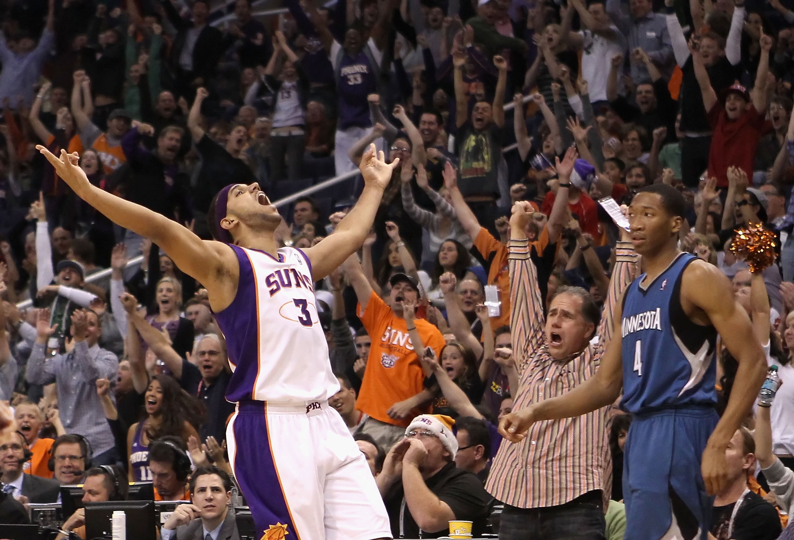 PHOENIX - DECEMBER 15: Jared Dudley #3 of the Phoenix Suns reacts after hitting a three point shot over Wesley Johnson #4 of the Minnesota Timberwolves during the NBA game at US Airways Center on December 15, 2010 in Phoenix, Arizona. The Suns defeated t PHOENIX - DECEMBER 15: Jared Dudley #3 of the Phoenix Suns reacts after hitting a three point shot over Wesley Johnson #4 of the Minnesota Timberwolves during the NBA game at US Airways Center on December 15, 2010 in Phoenix, Arizona. The Suns defeated t
