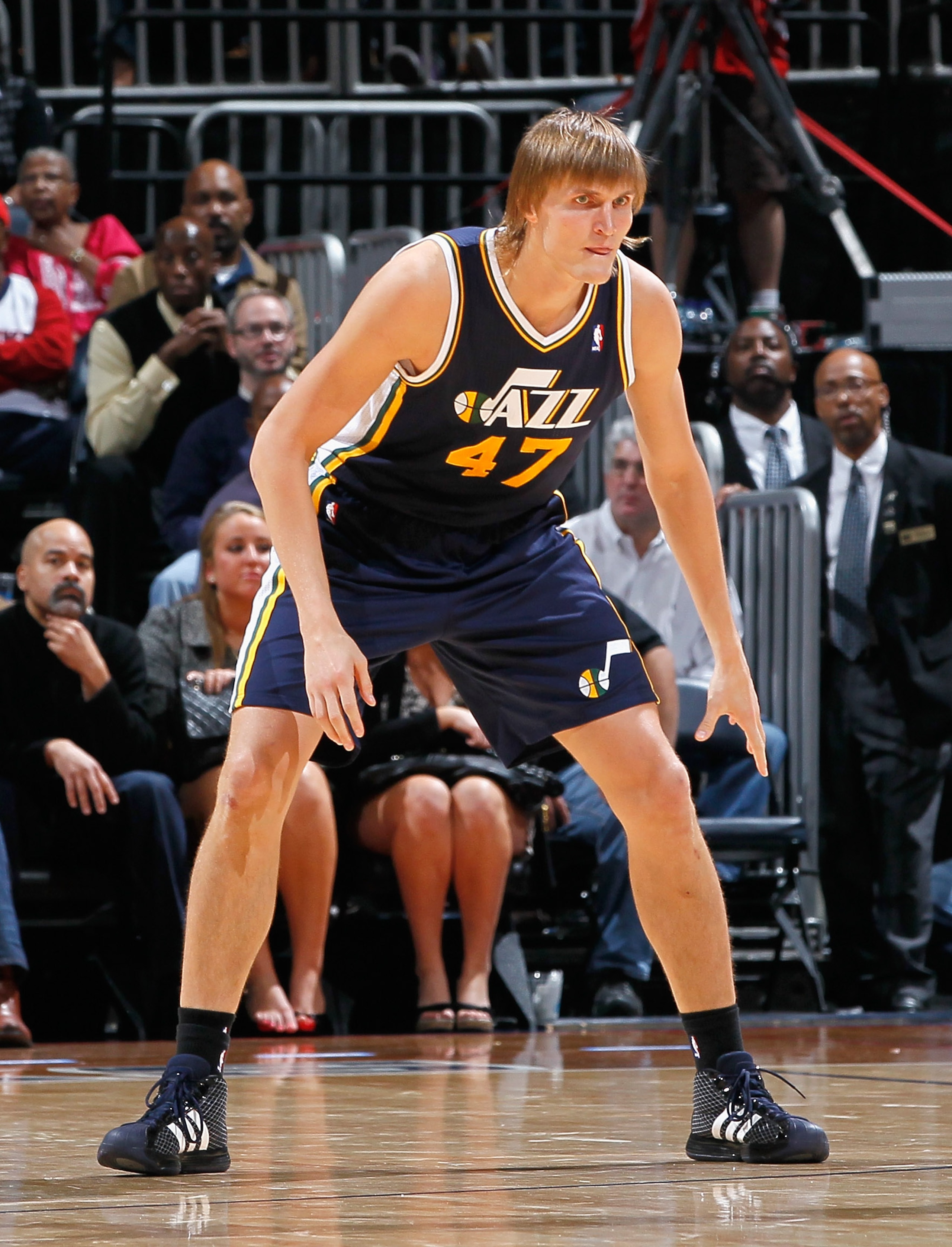 ATLANTA - NOVEMBER 12: Andrei Kirilenko #47 of the Utah Jazz against the Atlanta Hawks at Philips Arena on November 12, 2010 in Atlanta, Georgia. NOTE TO USER: User expressly acknowledges and agrees that, by downloading and/or using this Photograph, Use ATLANTA - NOVEMBER 12: Andrei Kirilenko #47 of the Utah Jazz against the Atlanta Hawks at Philips Arena on November 12, 2010 in Atlanta, Georgia. NOTE TO USER: User expressly acknowledges and agrees that, by downloading and/or using this Photograph, Use