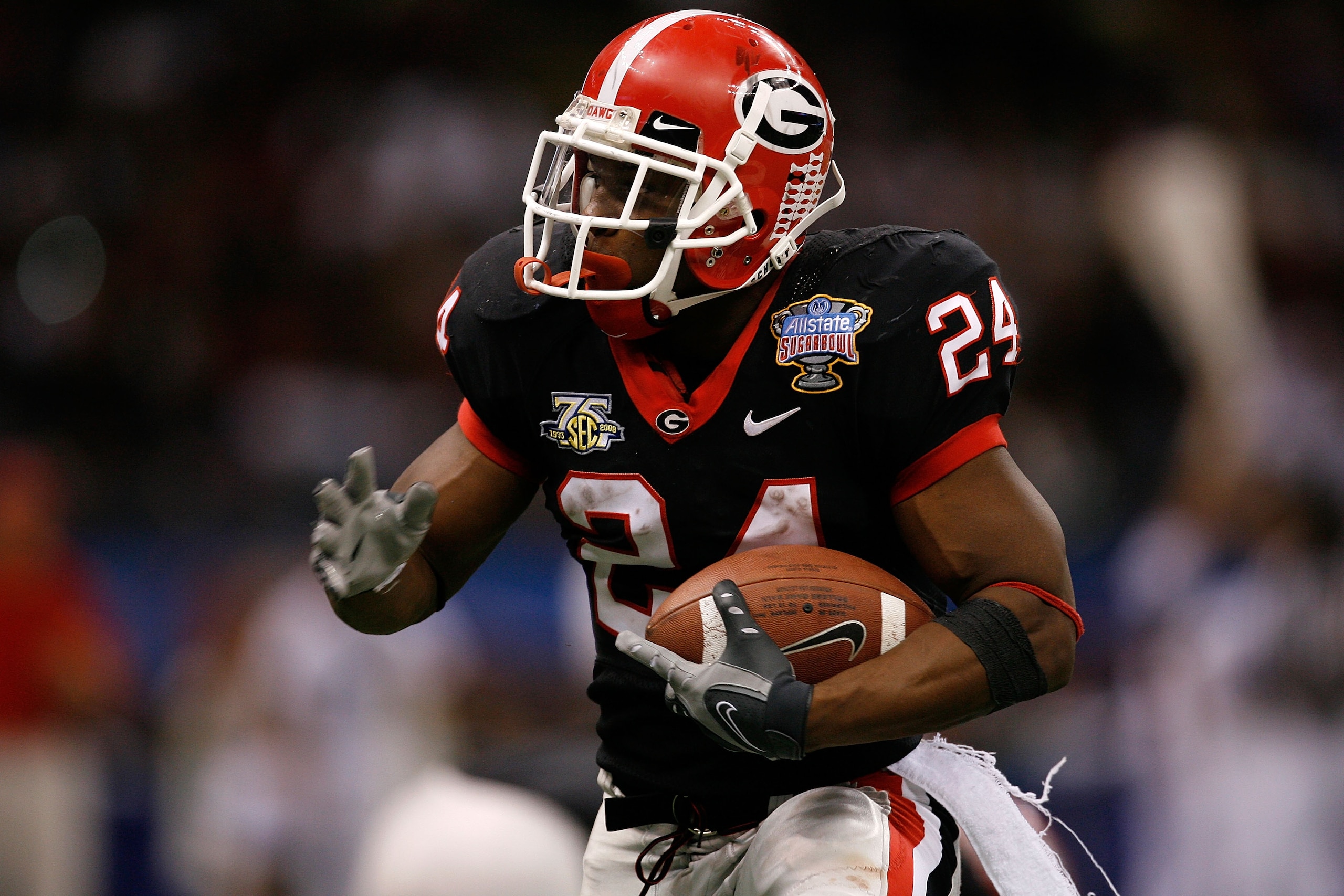 NEW ORLEANS - JANUARY 01: Knowshon Moreno #24 of the Georgia Bulldogs runs the ball against the Hawai'i Warriors during the Allstate Sugar Bowl at the Louisiana Superdome on January 1, 2008 in New Orleans, Louisiana. (Photo by Kevin C. Cox/Getty Images) NEW ORLEANS - JANUARY 01: Knowshon Moreno #24 of the Georgia Bulldogs runs the ball against the Hawai'i Warriors during the Allstate Sugar Bowl at the Louisiana Superdome on January 1, 2008 in New Orleans, Louisiana. (Photo by Kevin C. Cox/Getty Images)