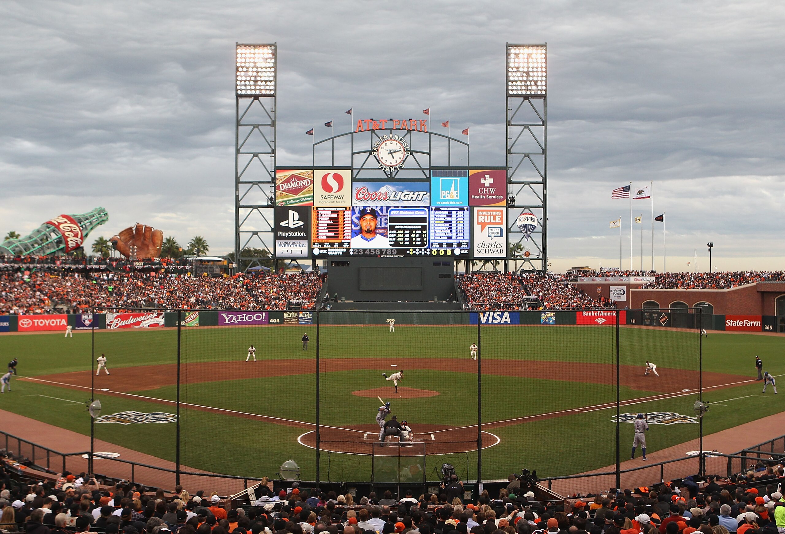 SAN FRANCISCO - OCTOBER 28:  General view of action as Matt Cain #18 of the San Francisco Giants pitches against the Texas Rangers during Game Two of the 2010 MLB World Series at AT&T Park on October 28, 2010 in San Francisco, California.  (Photo by Chris