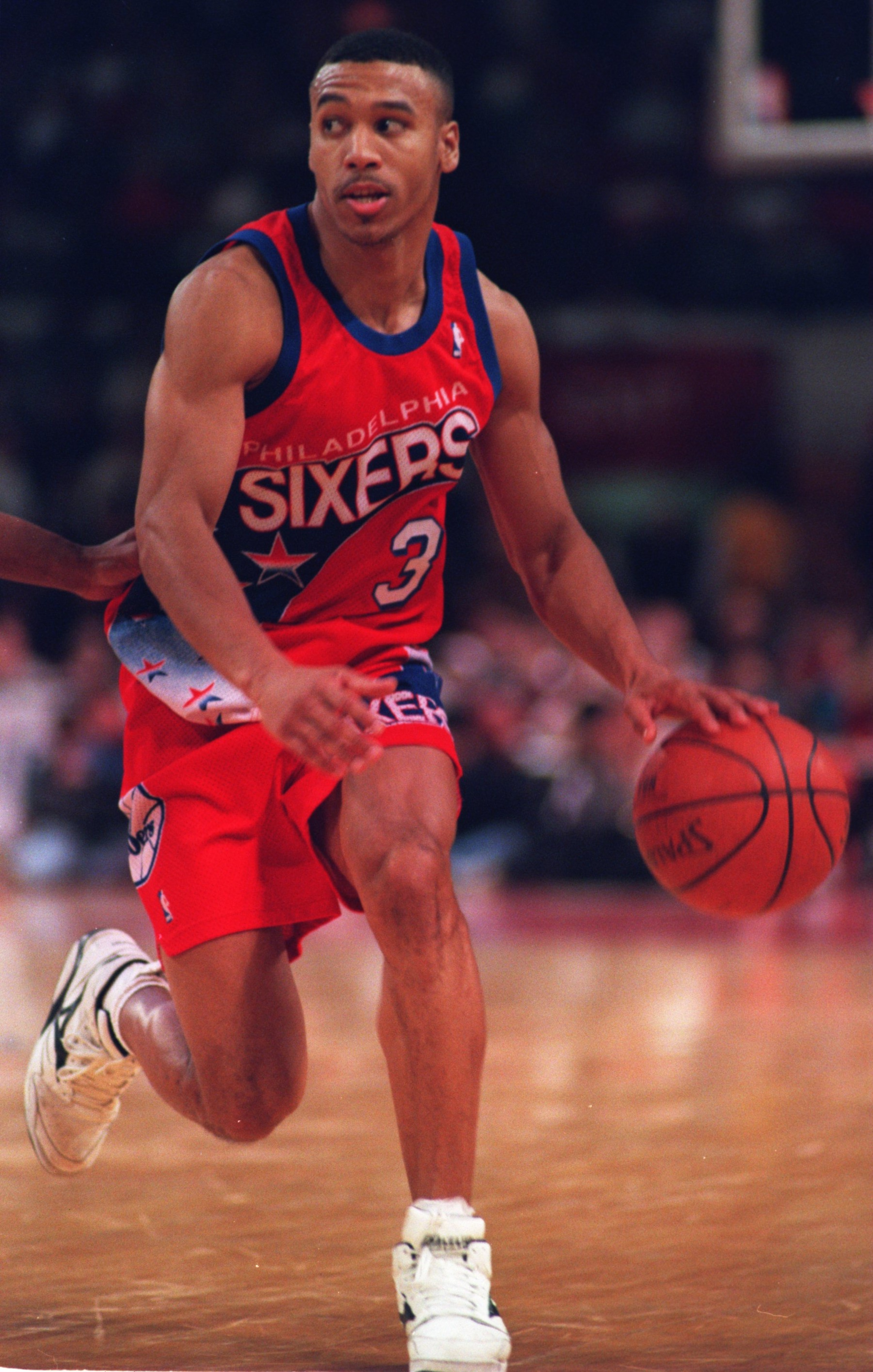17 JAN 1994:  PHILADELPHIA 76ERS GUARD DANA BARROS LOOKS TO MAKE A PLAY DURING THEIR 121-91 LOSS TO THE CHICAGO BULLS AT CHICAGO STADIUM IN CHICAGO, ILLINOIS. Mandatory Credit: Jonathan Daniel/ALLSPORT