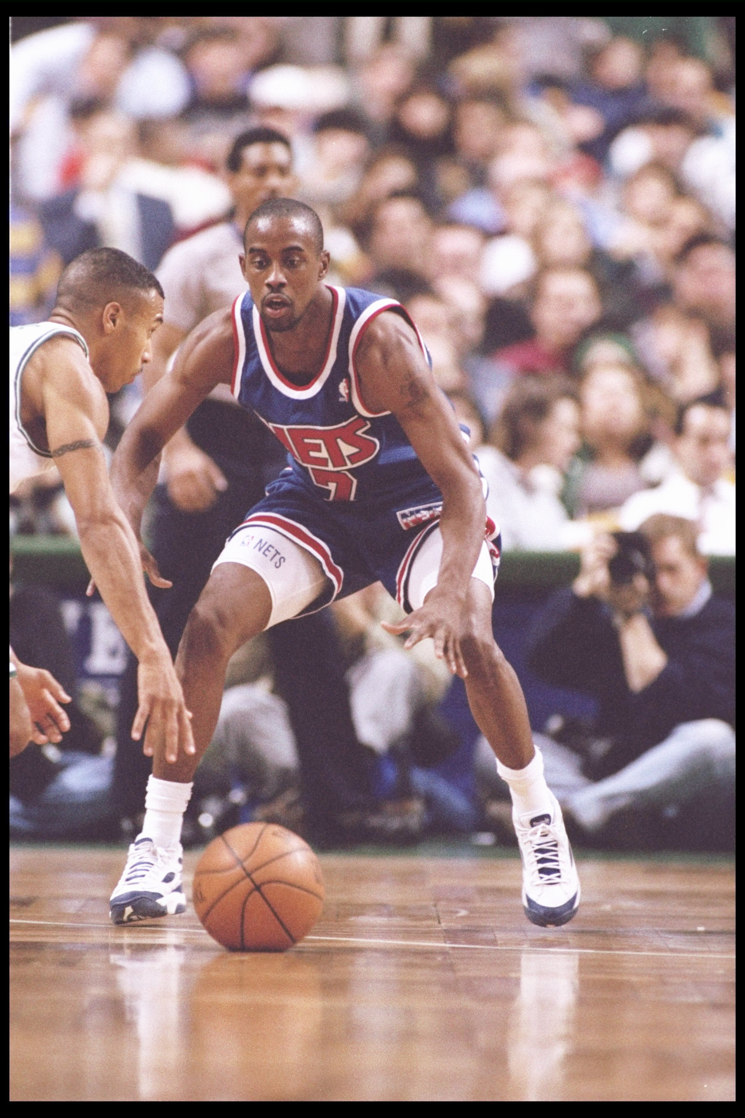 1 Dec 1995:  Guard Kenny Anderson of the New Jersey Nets moves the ball during a game against the Boston Celtics at the Fleet Center in Boston, Massachusetts.  The Nets won the game, 131-123. Mandatory Credit: Allsport  /Allsport