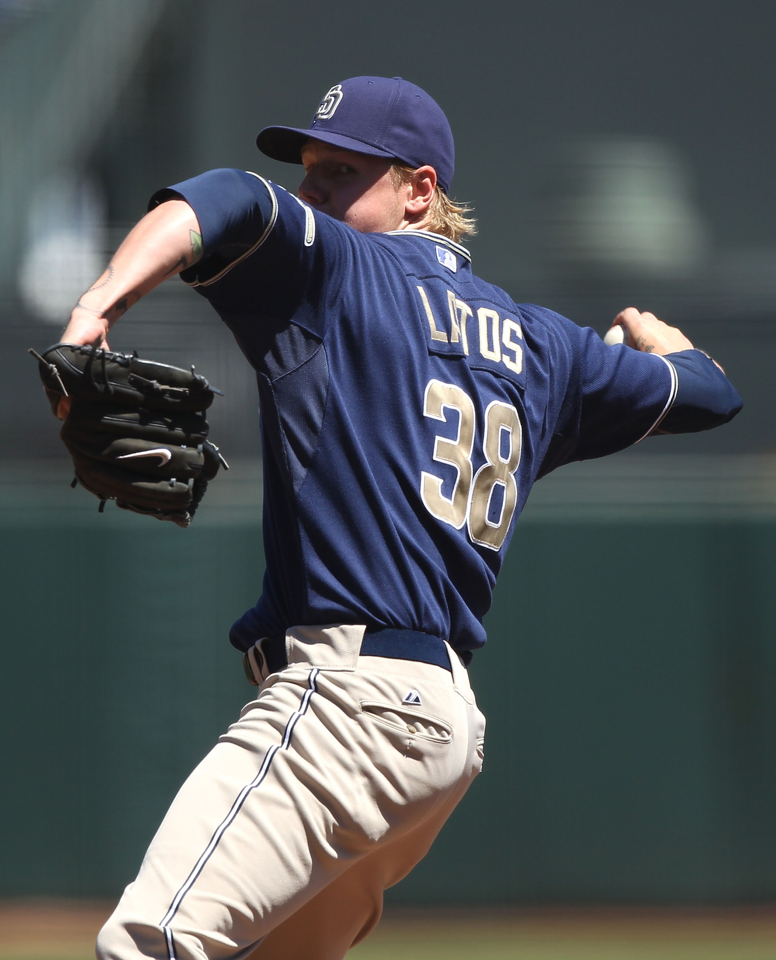 SAN FRANCISCO - AUGUST 14:  Matt Latos #38 of the San Diego Padres pitches against the San Francisco Giants during an MLB game at AT&T Park on August 14, 2010 in San Francisco, California.  (Photo by Jed Jacobsohn/Getty Images)