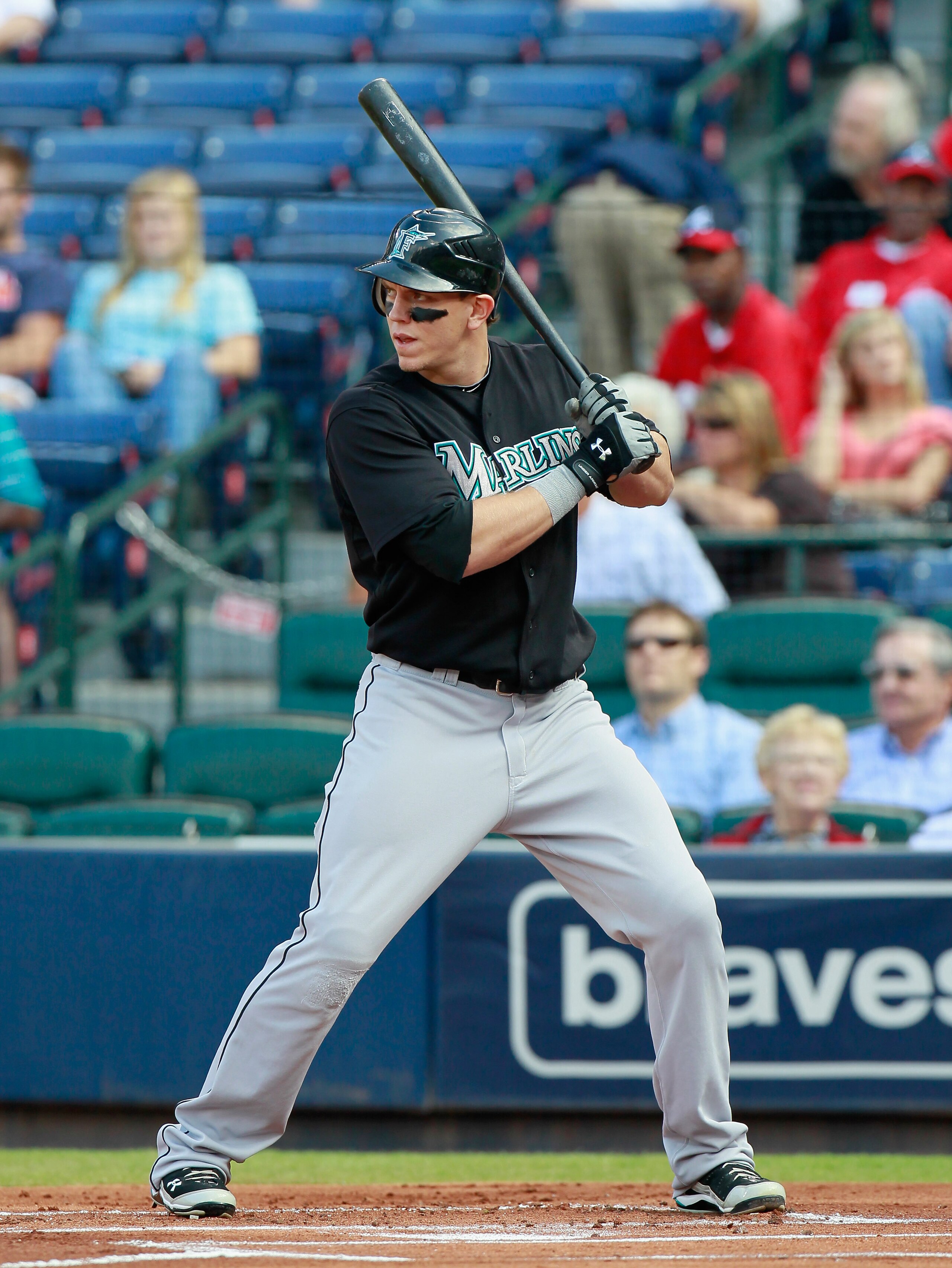 ATLANTA - SEPTEMBER 29:  Logan Morrison #20 of the Florida Marlins against the Atlanta Braves at Turner Field on September 29, 2010 in Atlanta, Georgia.  (Photo by Kevin C. Cox/Getty Images)