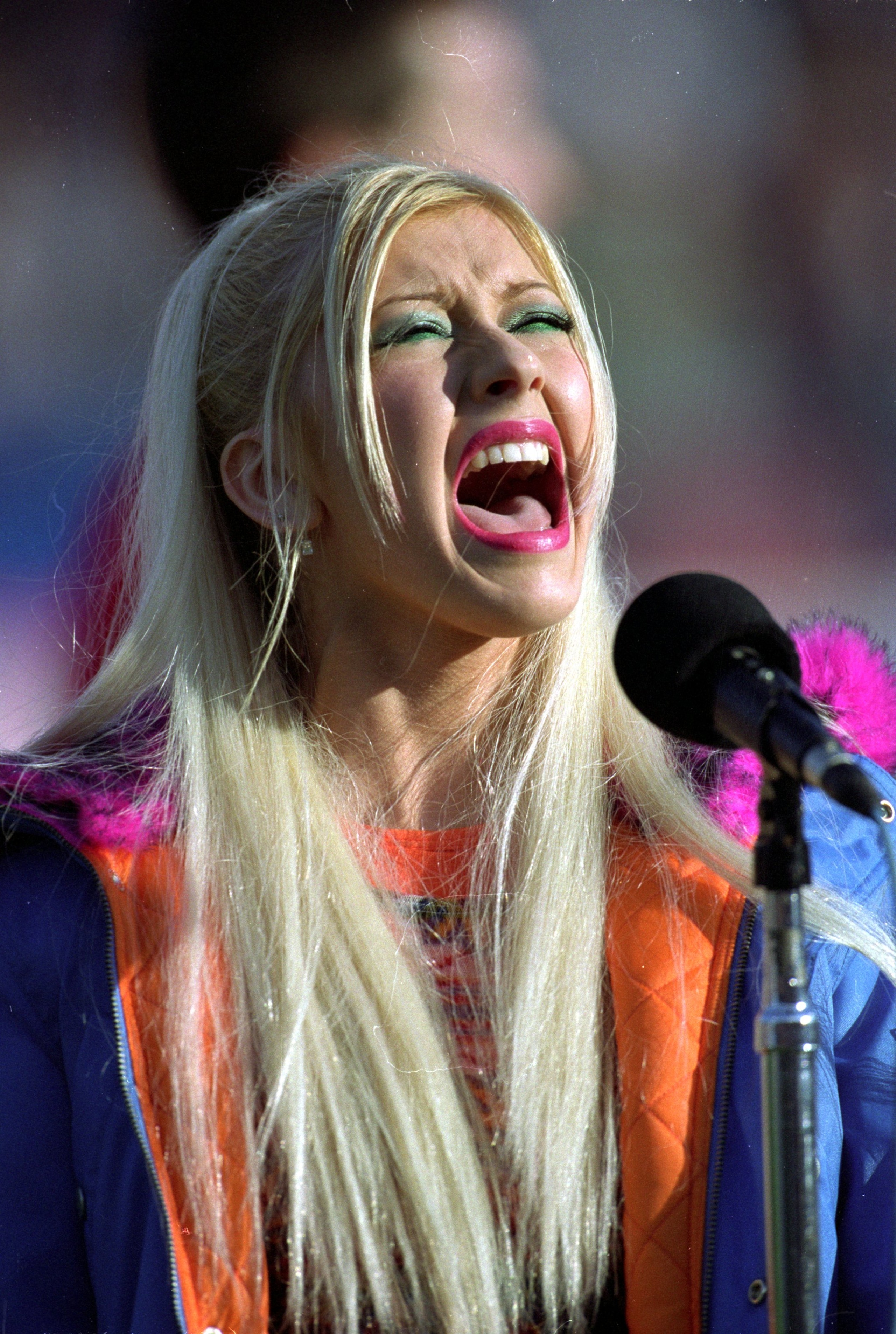 21 Nov 1999:  Christina Aguilera peforms at the MLS Cup game against the Los Angeles Galaxy and the D.C United at the Foxboro Stadium in Foxboro, Massachusetts. The United defeated the Galaxy 2-0. Mandatory Credit: Matthew Stockman  /Allsport