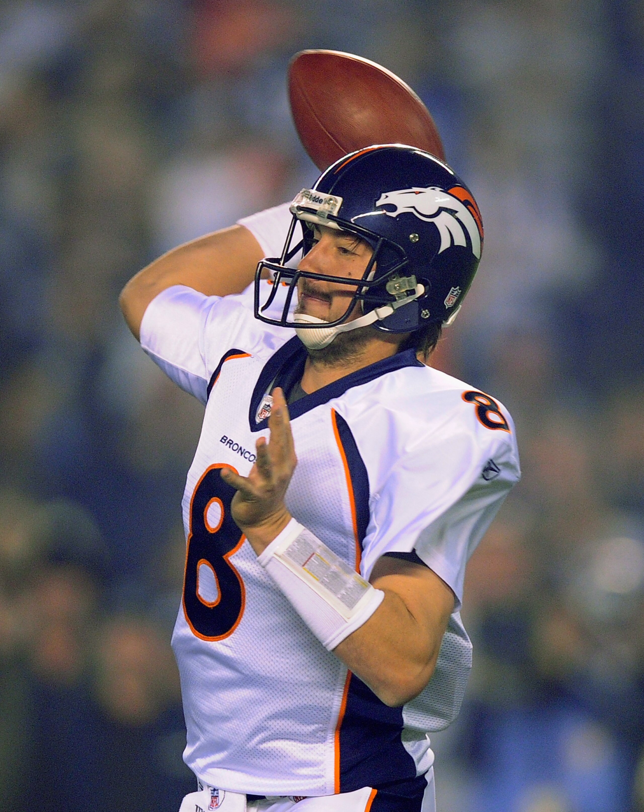 SAN DIEGO - NOVEMBER 22:  Quarterback Kyle Orton #8 of the Denver Broncos throiws a pass against San Diego Chargers at Qualcomm Stadium on November 22, 2010 in San Diego, California.  (Photo by Kevork Djansezian/Getty Images)