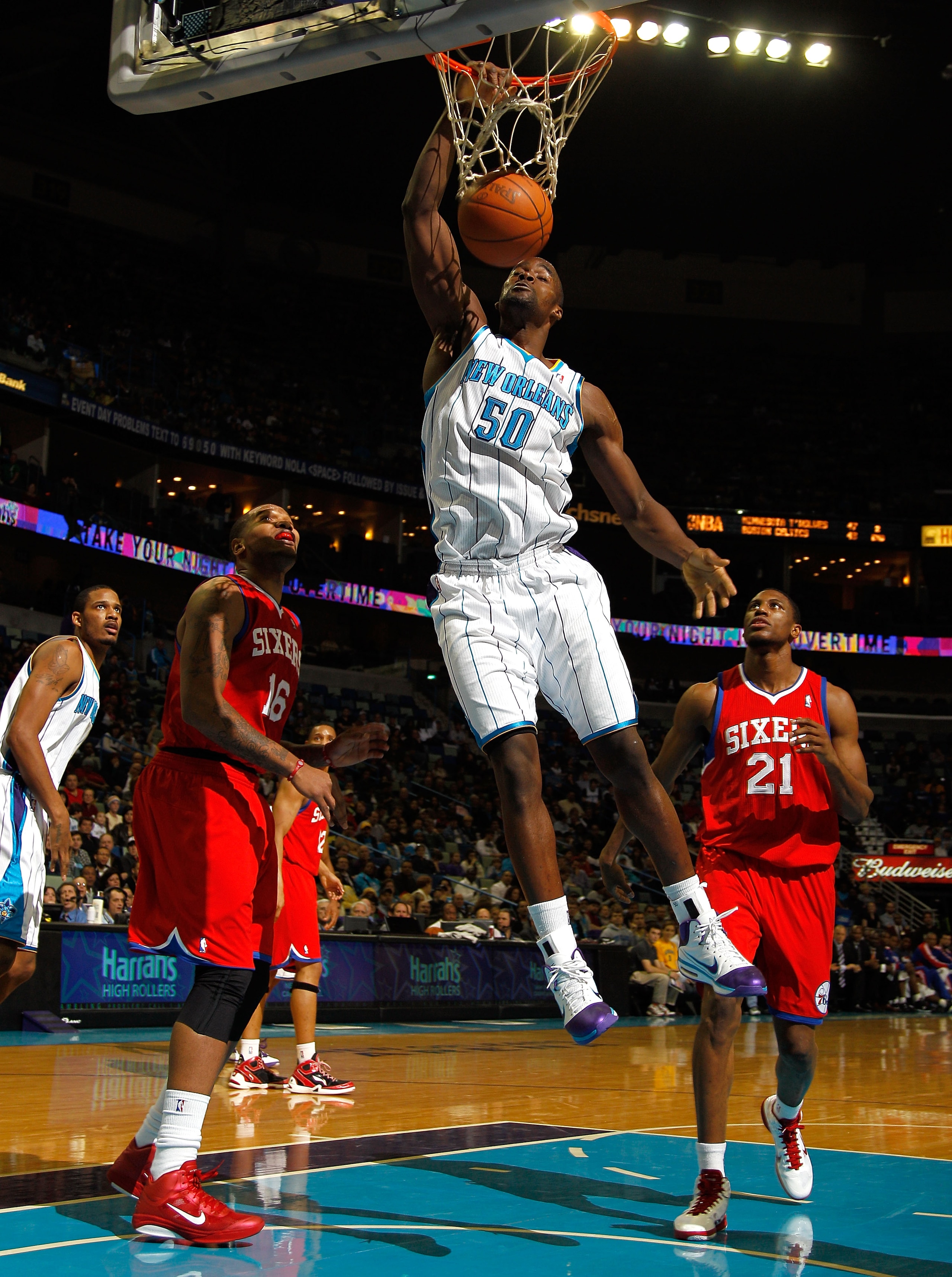 NEW ORLEANS, LA - JANUARY 03:  Emeka Okafor #50 of the New Orleans Hornets dunks the ball in the second quarter against the Philadelphia 76ers at New Orleans Arena on January 3, 2011 in New Orleans, Louisiana. NOTE TO USER: User expressly acknowledges and