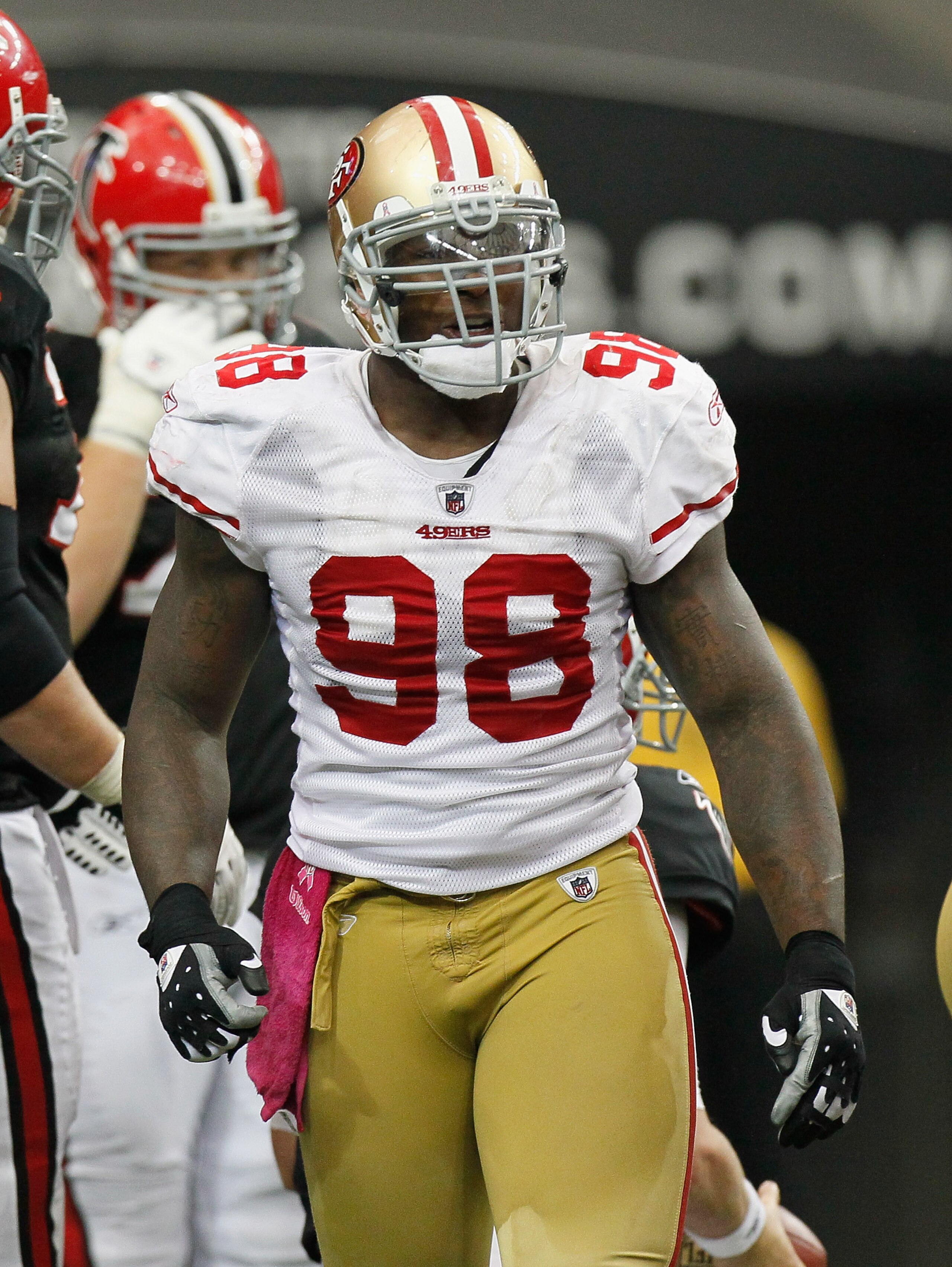 ATLANTA - OCTOBER 03:  Parys Haralson #98 of the San Francisco 49ers against the Atlanta Falcons at Georgia Dome on October 3, 2010 in Atlanta, Georgia.  (Photo by Kevin C. Cox/Getty Images)