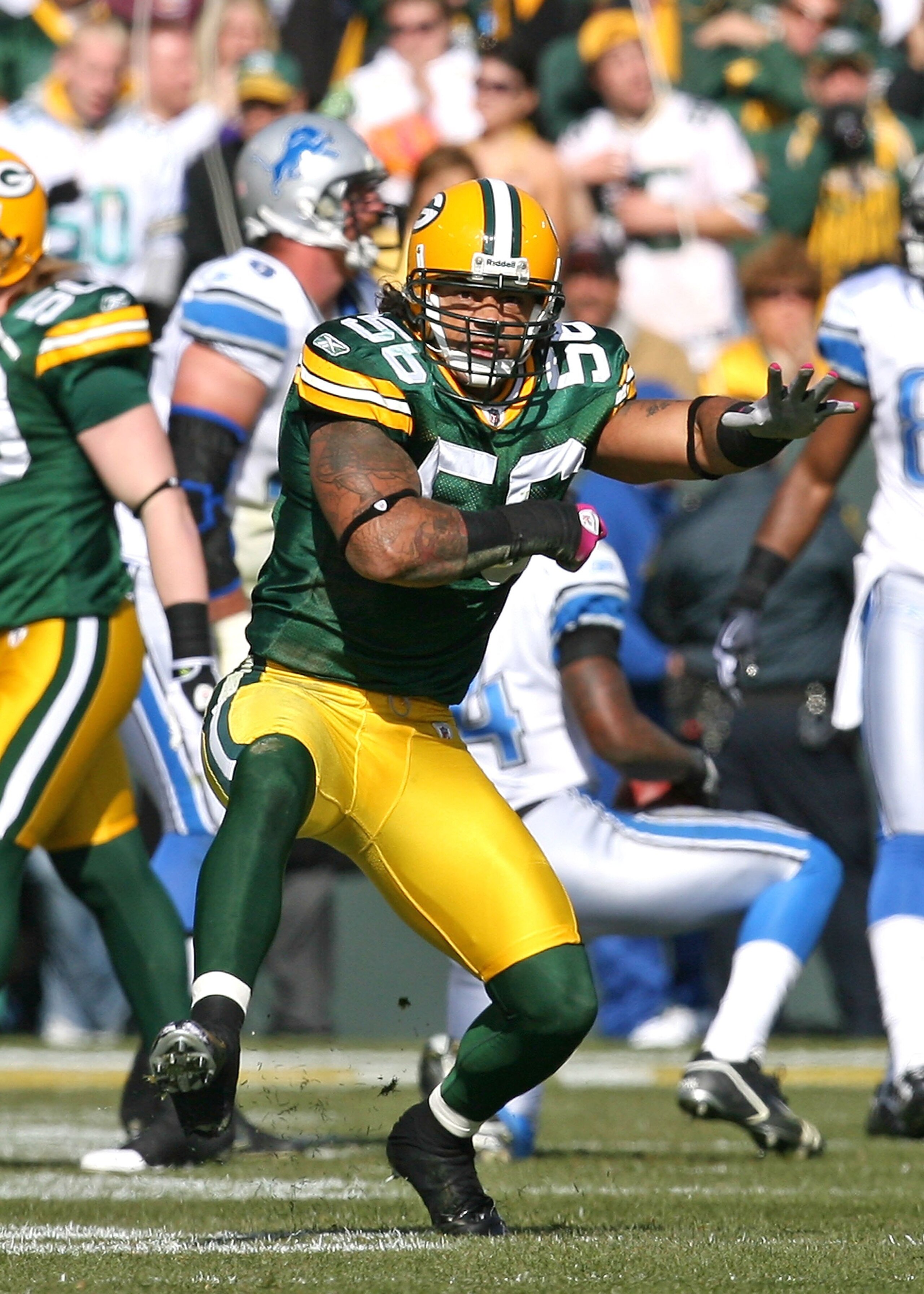 GREEN BAY, WI - OCTOBER 18: Nick Barnett #56 of the Green Bay Packers celebrates a defensive stop against the Detroit Lions at Lambeau Field on October 18, 2009 in Green Bay, Wisconsin. The Packers defeated the Lions 26-0. (Photo by Jonathan Daniel/Getty
