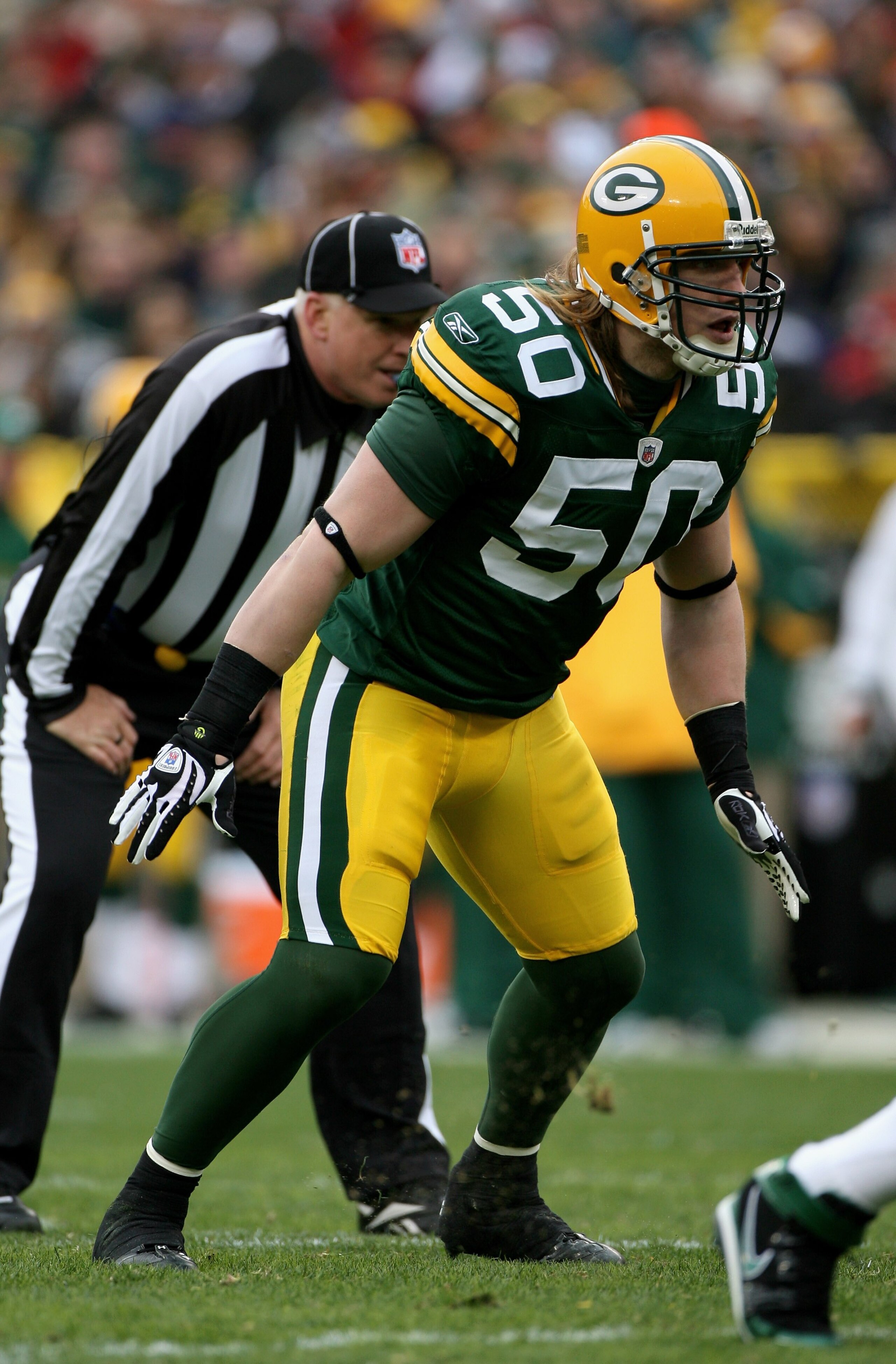 GREEN BAY, WI - NOVEMBER 16:  Linebacker A.J. Hawk #50 of the Green Bay Packers lead his team in defense with six tackles and one assist against the Chicago Bears during NFL action at Lambeau Field on November 16, 2008 in Green Bay, Wisconsin. The Packers