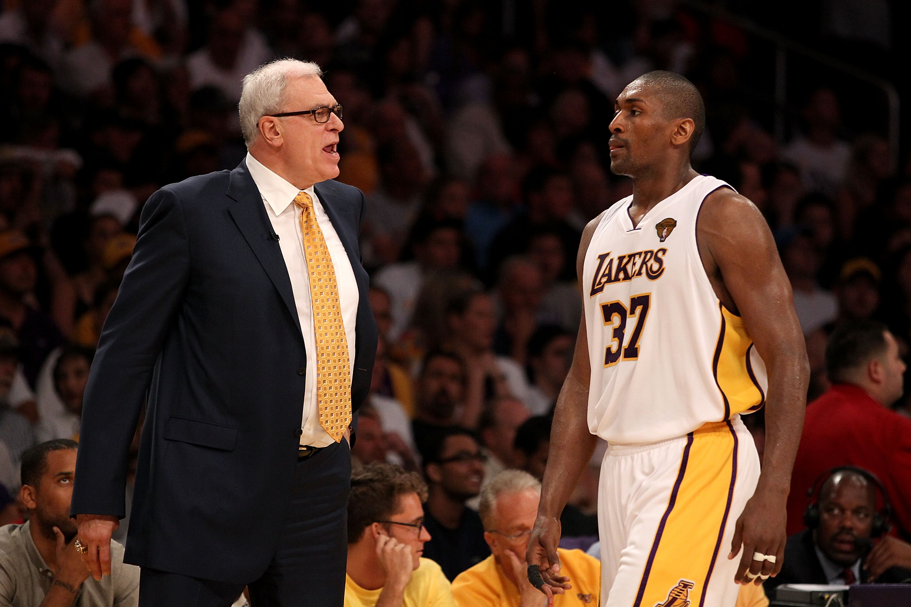 LOS ANGELES, CA - JUNE 06:  Head coach Phil Jackson yells at Ron Artest #37 of the Los Angeles Lakers in the second half against the Boston Celtics in Game Two of the 2010 NBA Finals at Staples Center on June 6, 2010 in Los Angeles, California. NOTE TO US
