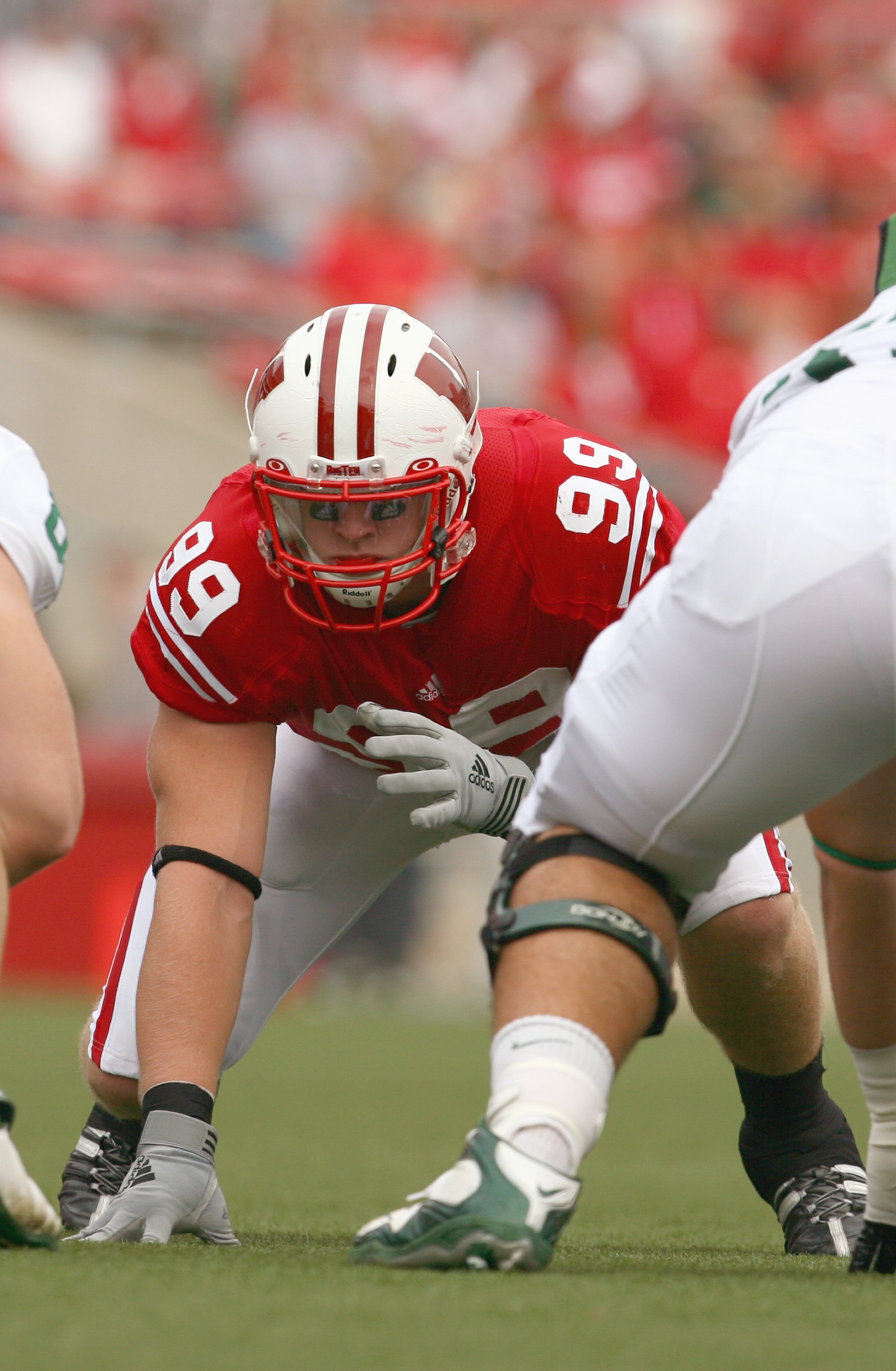 MADISON, WI - SEPTEMBER 26: J.J. Watt #99 of the Wisconsin Badgers gets ready on the line against the Michigan State Spartans on September 26, 2009 at Camp Randall Stadium in Madison, Wisconsin. (Photo by Jonathan Daniel/Getty Images)