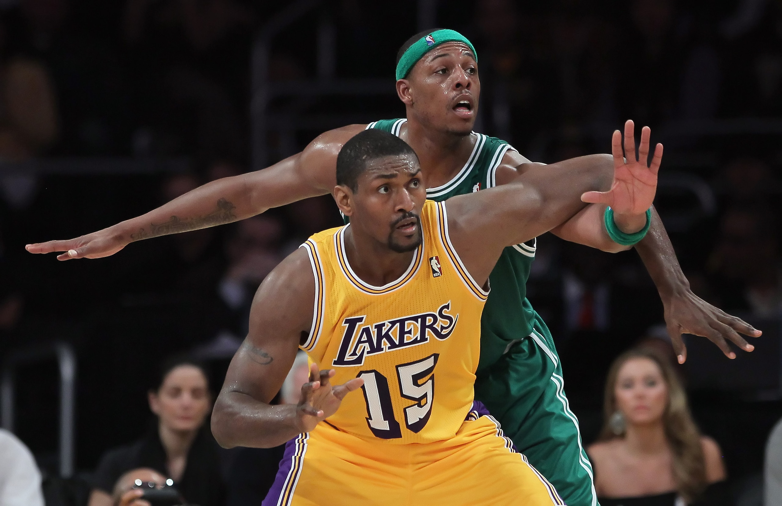LOS ANGELES, CA - JANUARY 30: Paul Pierce #34 of the Boston Celtics and Ron Artest #15 of the Los Angeles Lakers fight for position in the second half at Staples Center on January 30, 2011 in Los Angeles, California. The Celtics defeated the Lakers 109-9 LOS ANGELES, CA - JANUARY 30: Paul Pierce #34 of the Boston Celtics and Ron Artest #15 of the Los Angeles Lakers fight for position in the second half at Staples Center on January 30, 2011 in Los Angeles, California. The Celtics defeated the Lakers 109-9