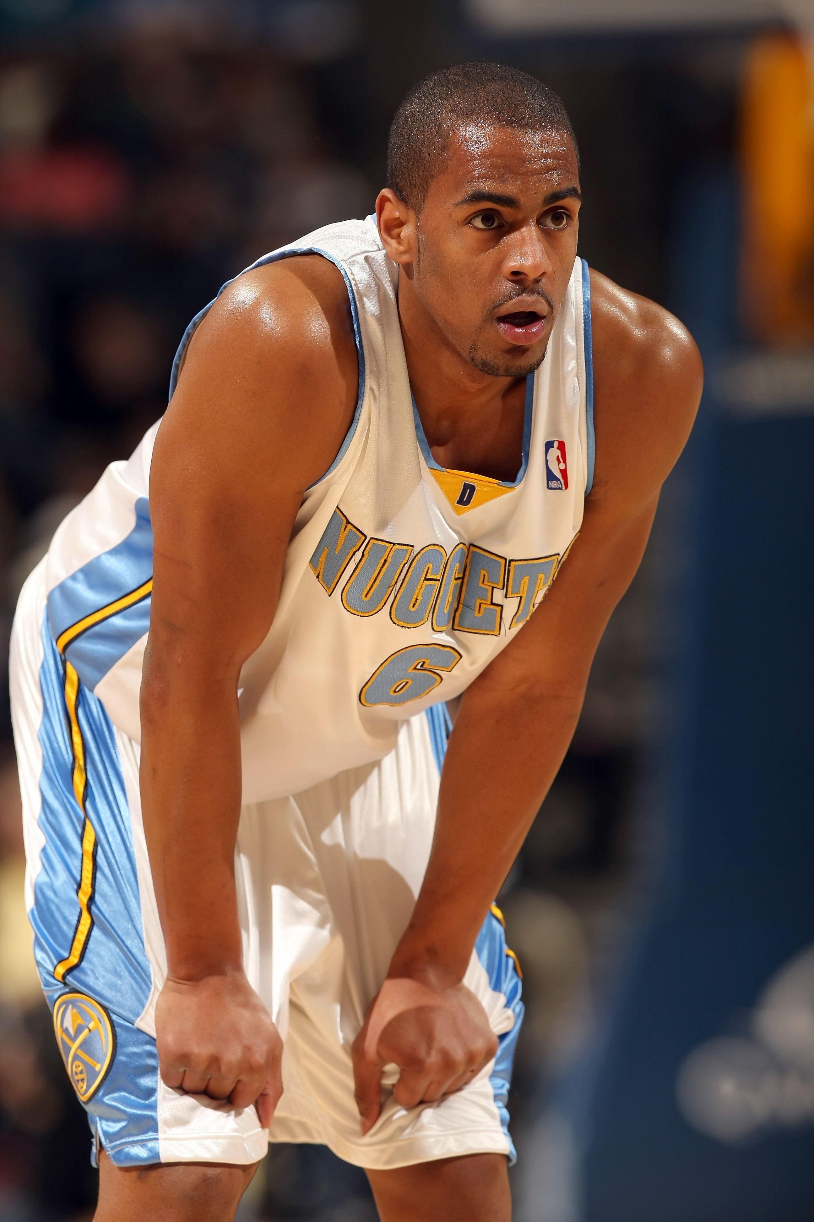 DENVER - JANUARY 05:  Arron Afflalo #6 of the Denver Nuggets looks on during a break in the action against the Golden State Warriors at the Pepsi Center on January 5, 2010 in Denver, Colorado. The Nuggets defeated the Warriors 123-122. NOTE TO USER: User