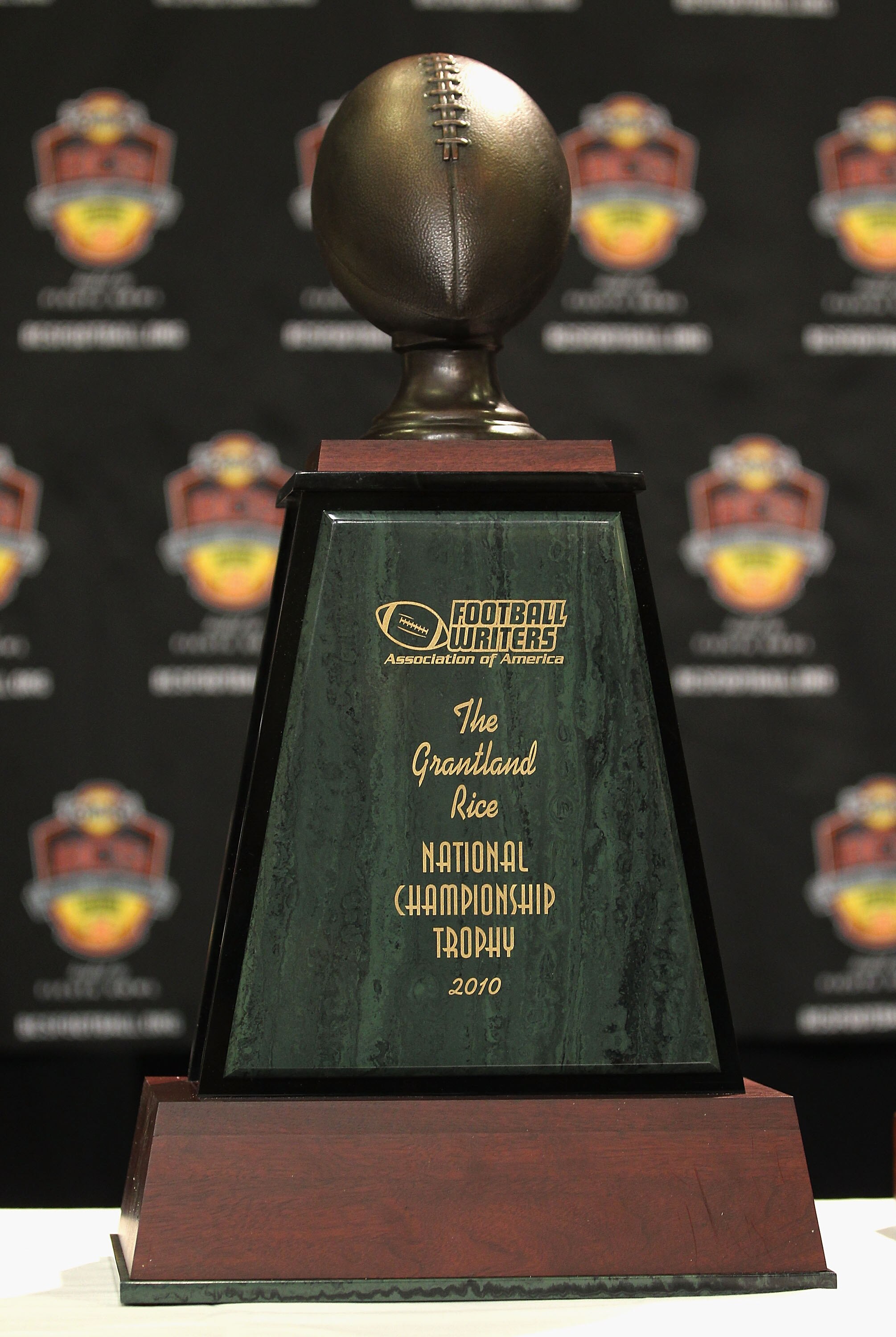 SCOTTSDALE, AZ - JANUARY 11:  Detail of the  Football Writers of America trophy before being presented to head coach Gene Chizik (not pictured) of the Auburn Tigers during a press conference for the Tostitos BCS National Championship Game at the JW Marrio